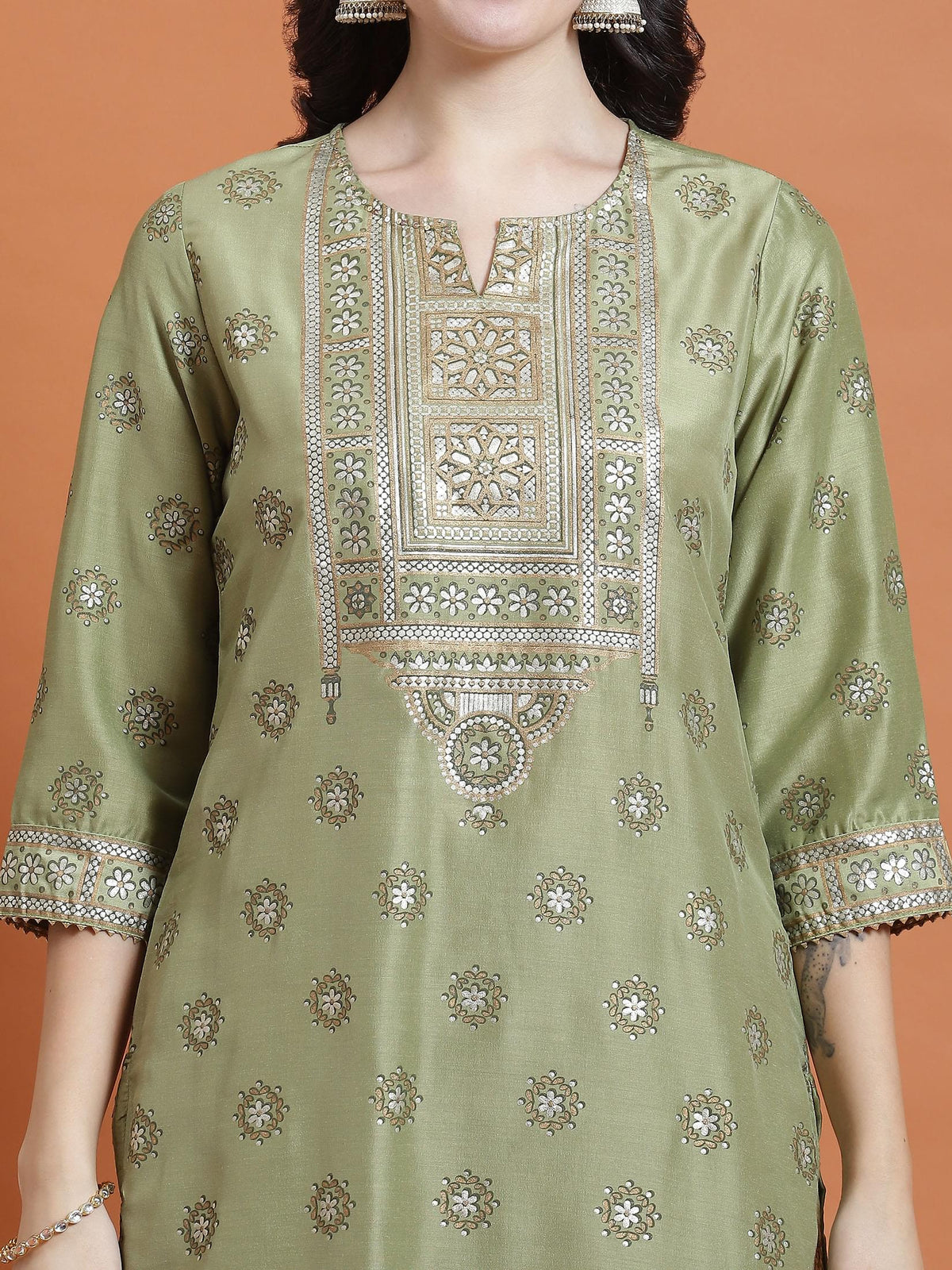 Women Green Placement Print Kurta Comfort Pant Dupatta.
