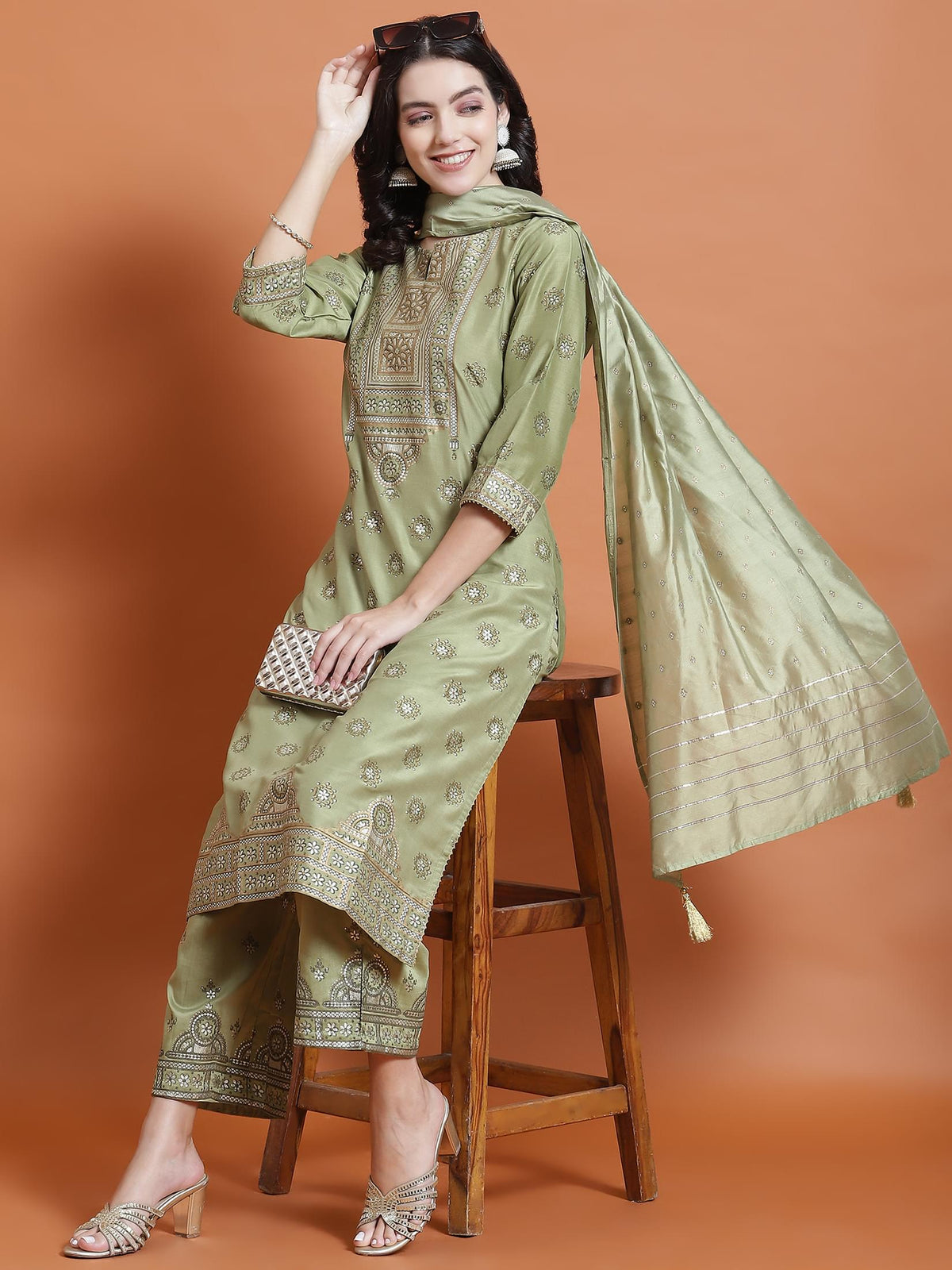 Women Green Placement Print Kurta Comfort Pant Dupatta.