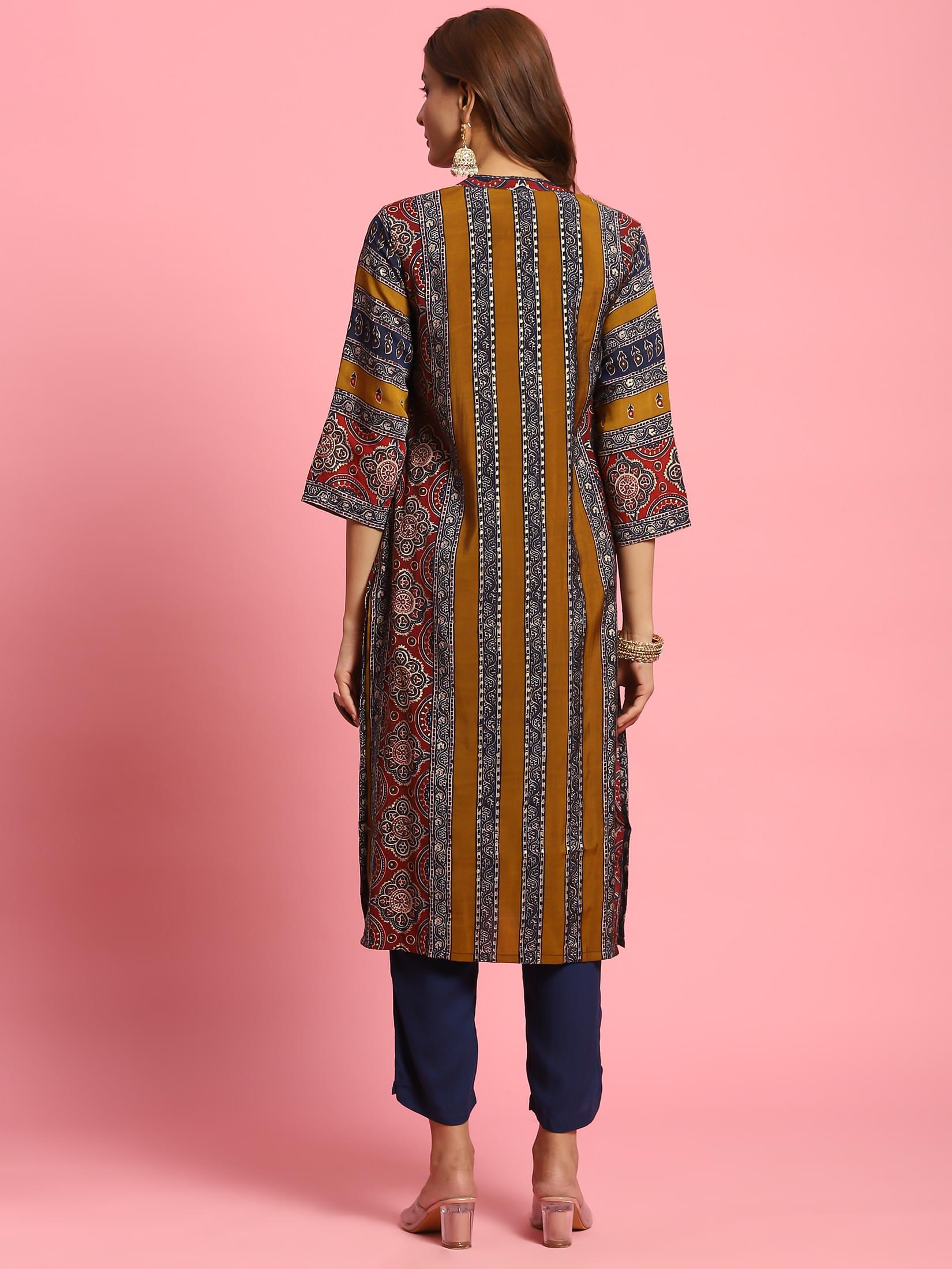 Women Olive Ornamental Printed Kurta.