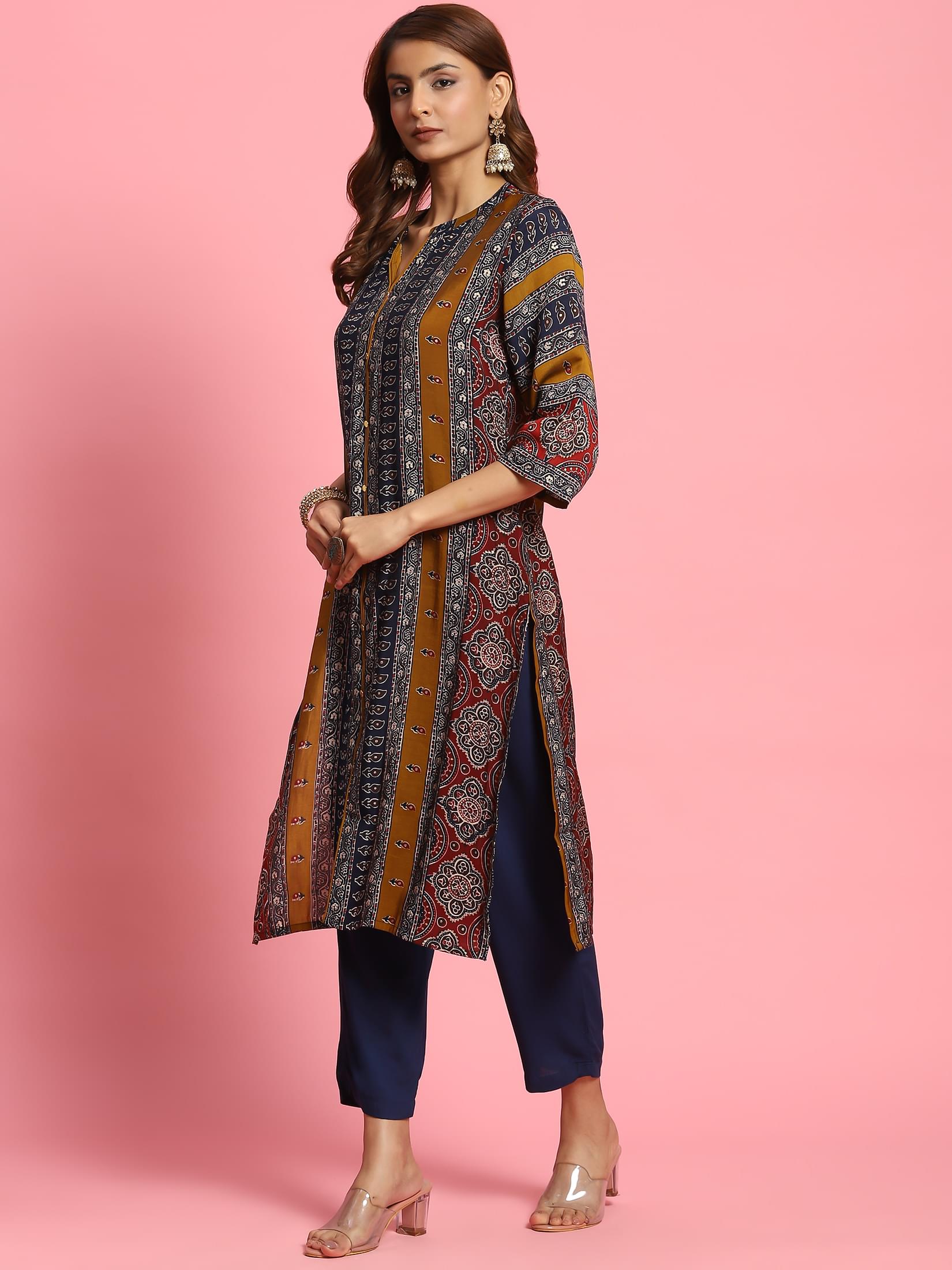 Women Olive Ornamental Printed Kurta.