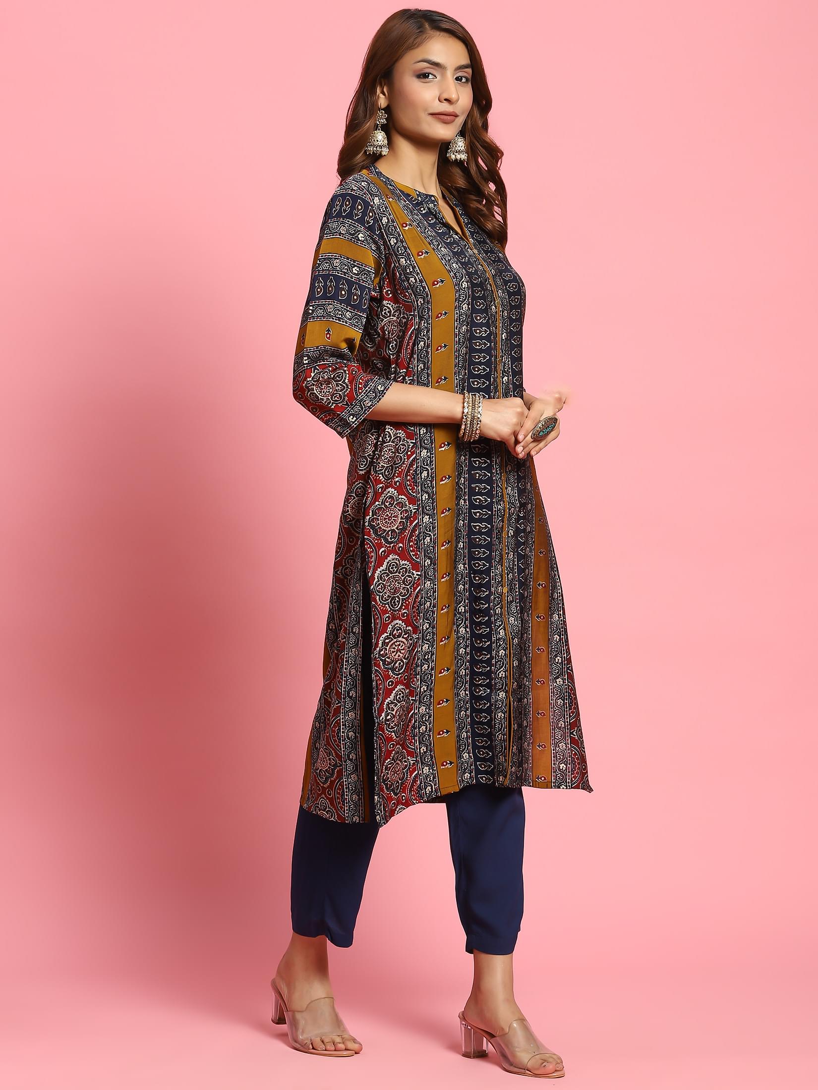 Women Olive Ornamental Printed Kurta.
