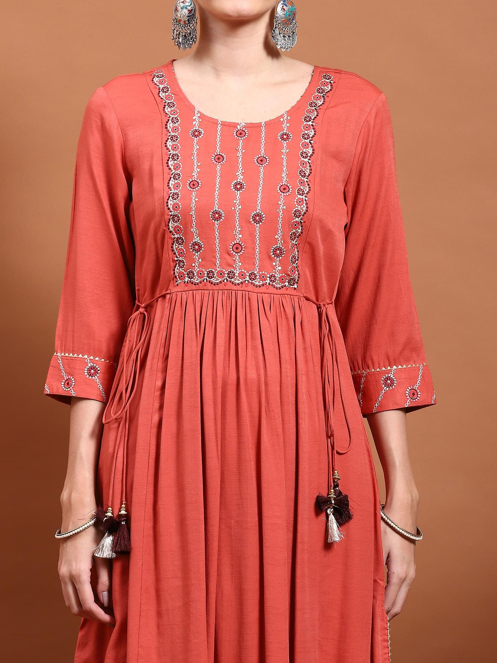 Women Coral Embroidered Kurta Comfort Pant Dupatta.