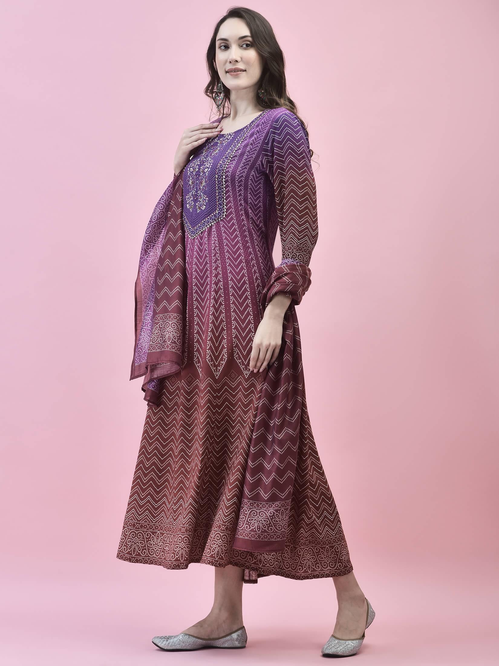 Women Liva Rayon Purple Embroidered Dress With Dupatta.