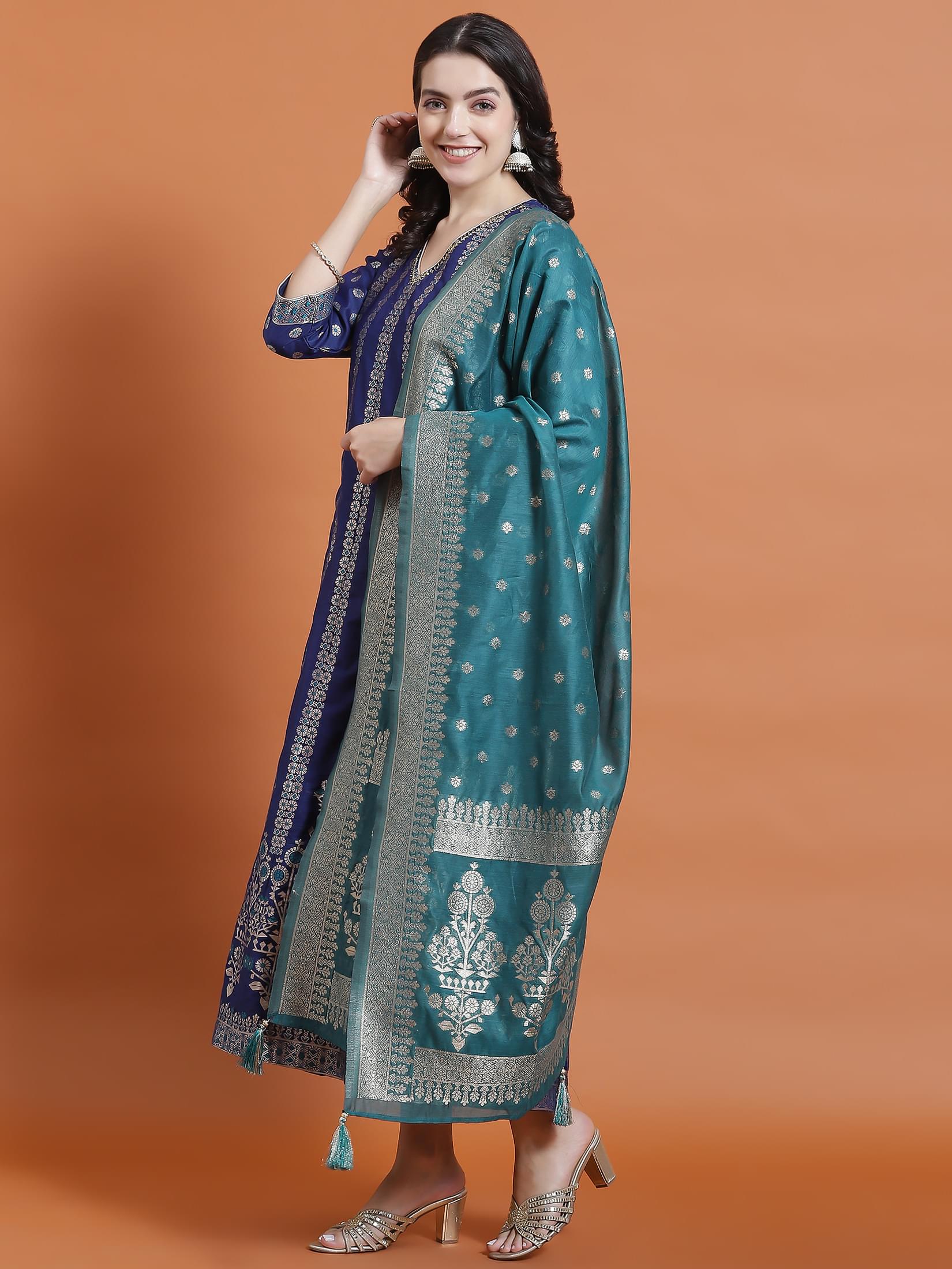 Women Blue Printed Dress With Dupatta.