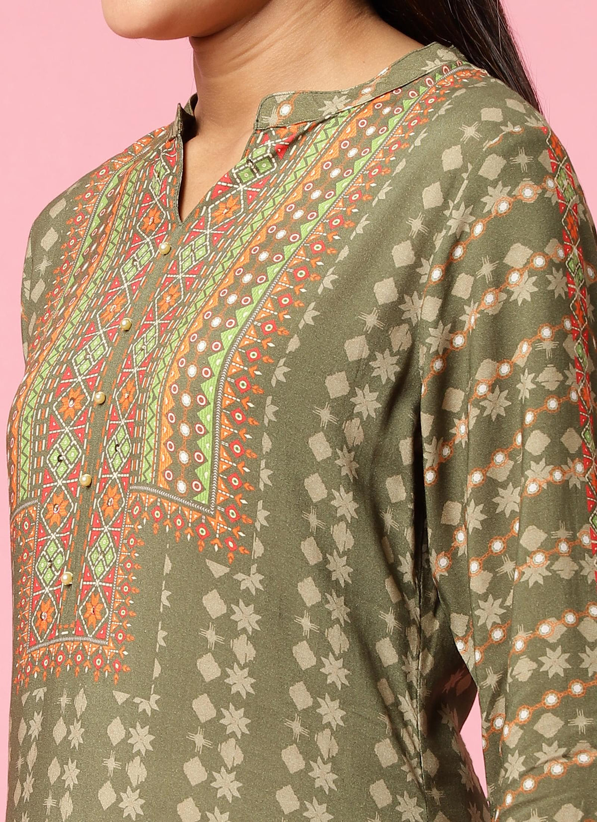 Women Olive Geometric Printed Tunic.