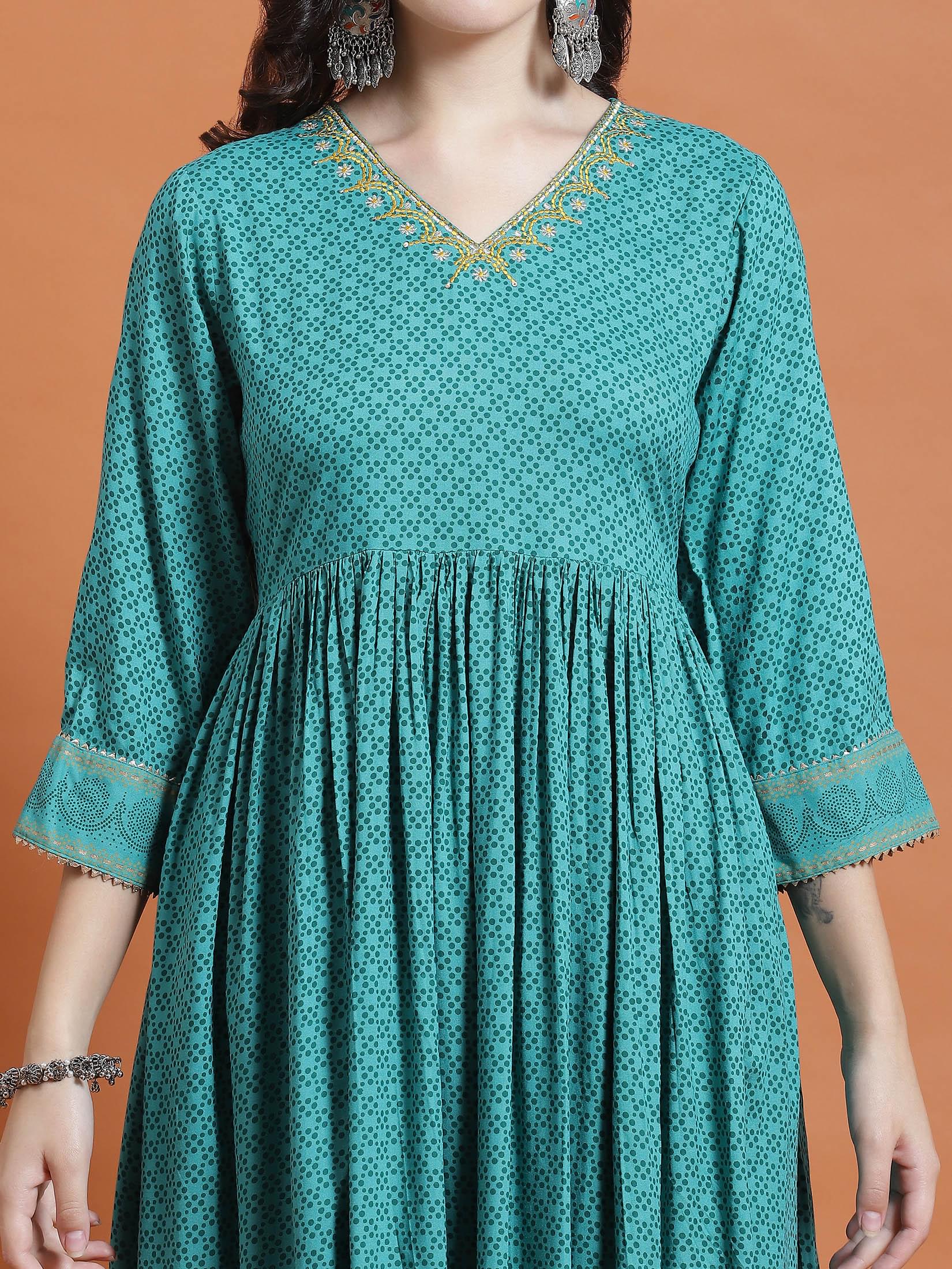 Women Teal Geometric Print Kurta Comfort Pant Dupatta.
