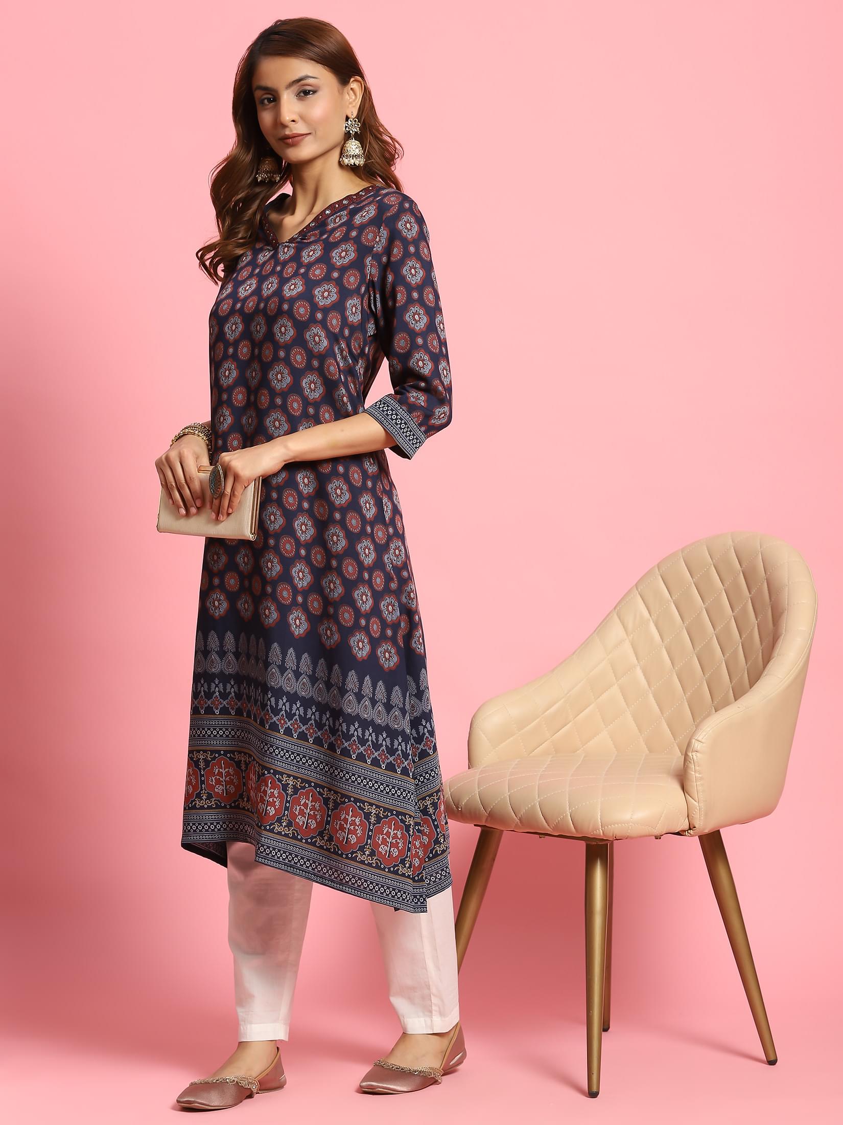 Women Navy Blue Butti Printed Kurta.
