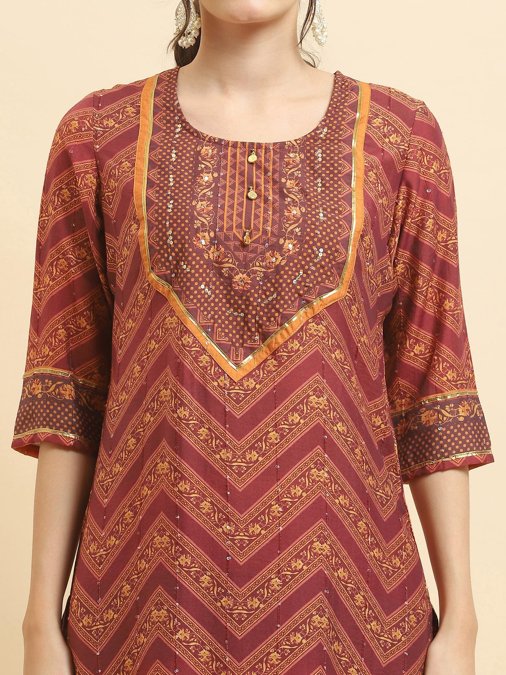 Women Muslin Burgundy Ornamental Print Kurta Comfort Pant Dupatta.