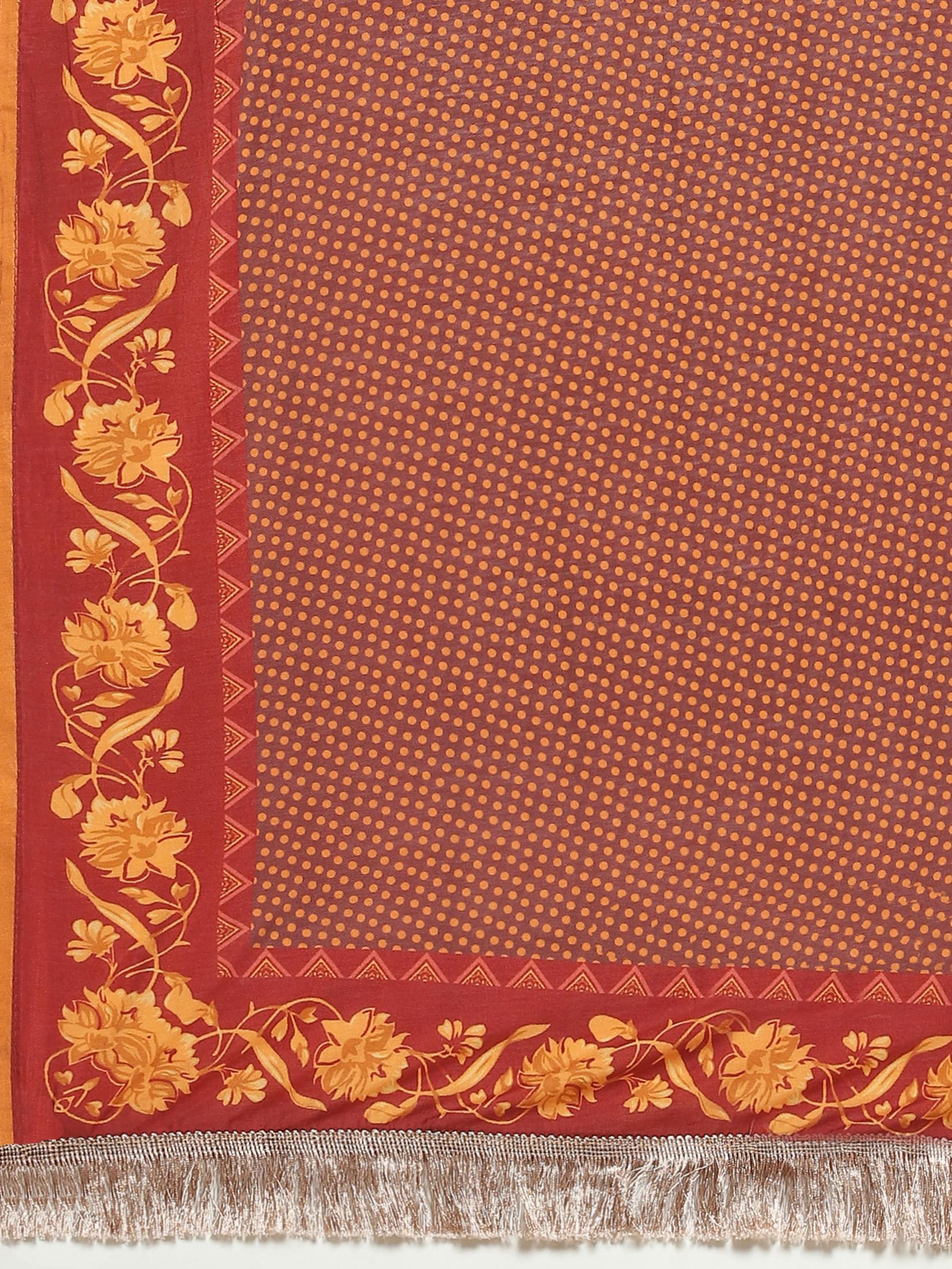 Women Muslin Burgundy Ornamental Print Kurta Comfort Pant Dupatta.
