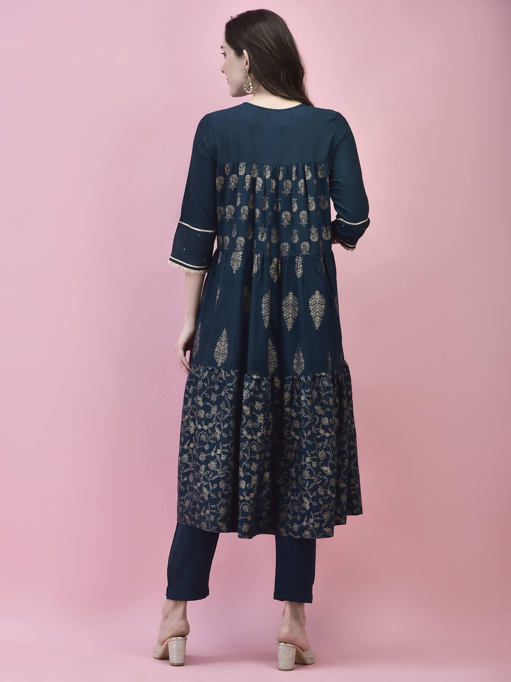 Women Poly Viscose Blue Printed Kurta With Trouser.