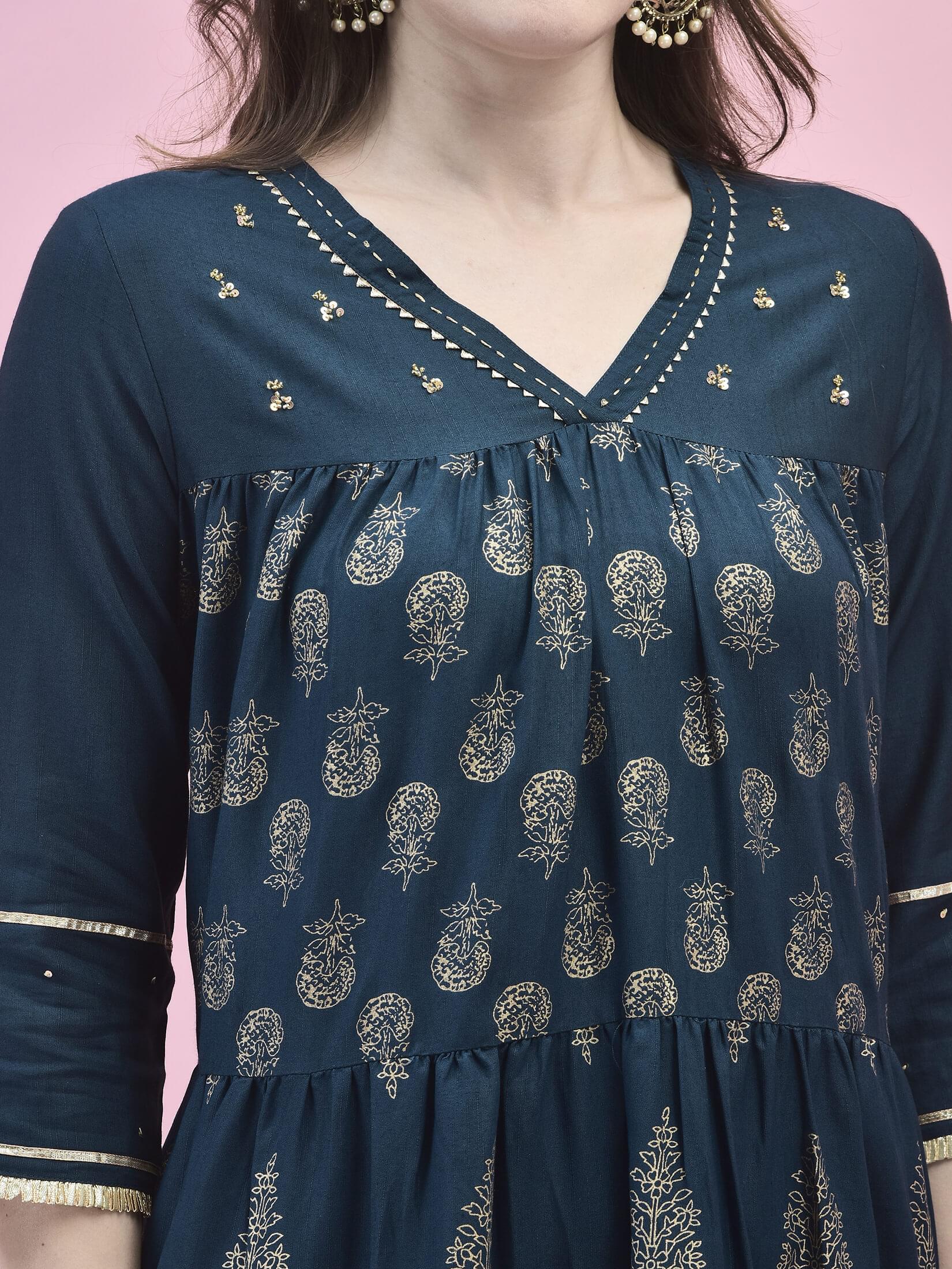 Women Poly Viscose Blue Printed Kurta With Trouser.