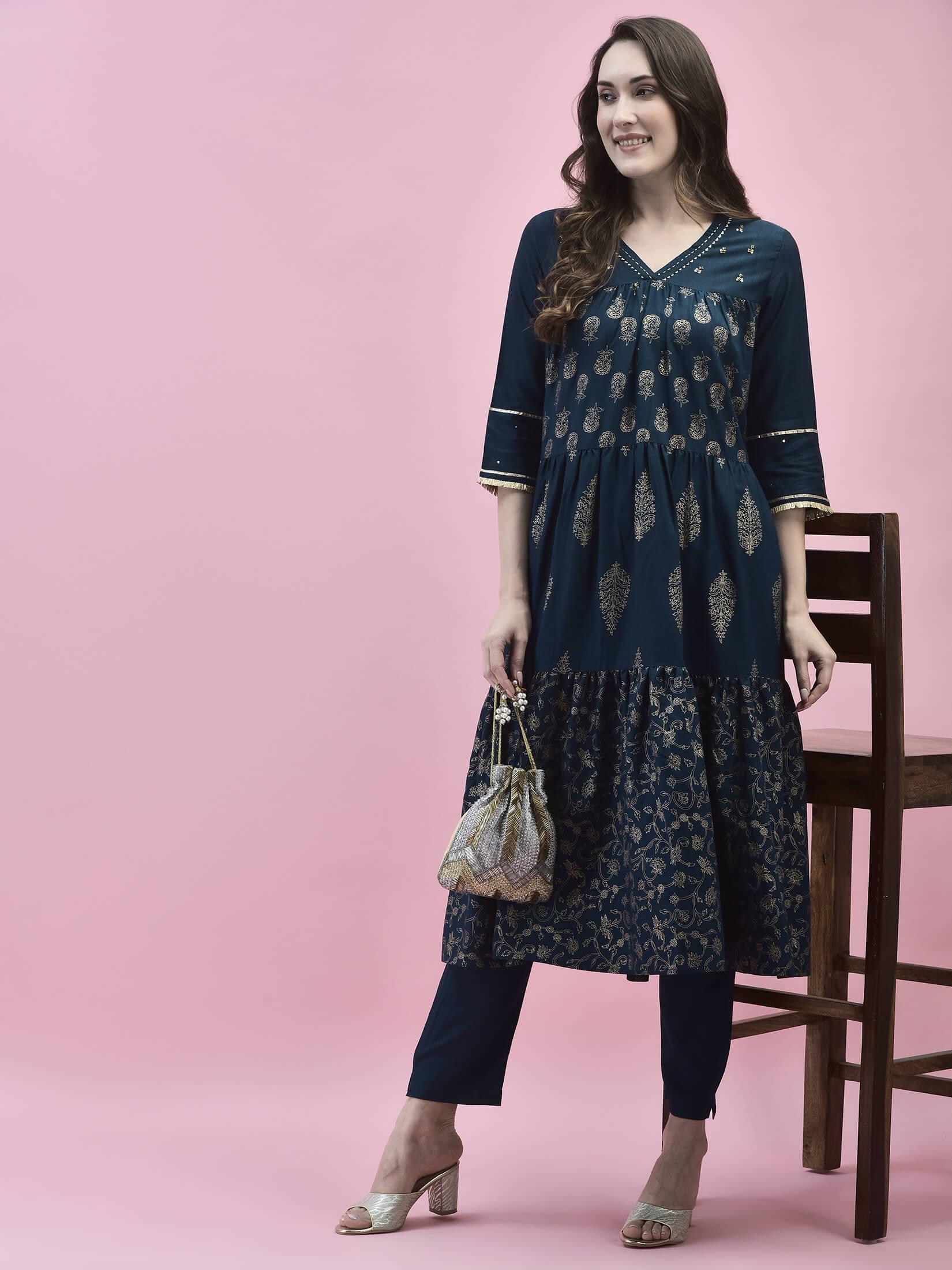 Women Poly Viscose Blue Printed Kurta With Trouser.