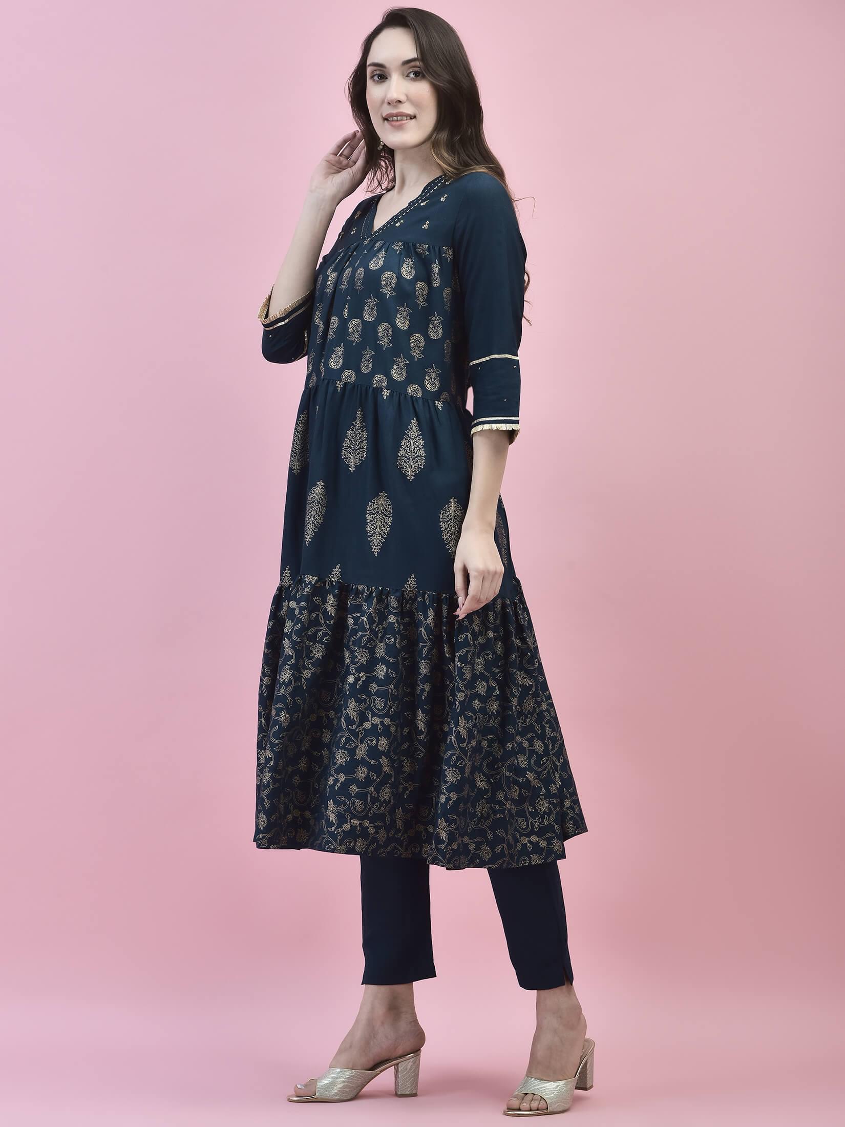 Women Poly Viscose Blue Printed Kurta With Trouser.