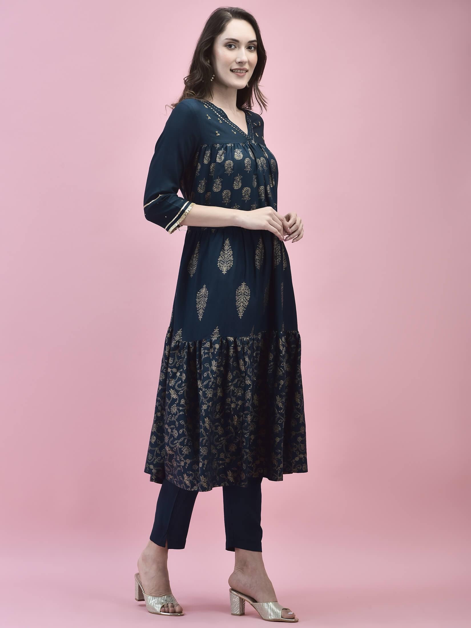Women Poly Viscose Blue Printed Kurta With Trouser.