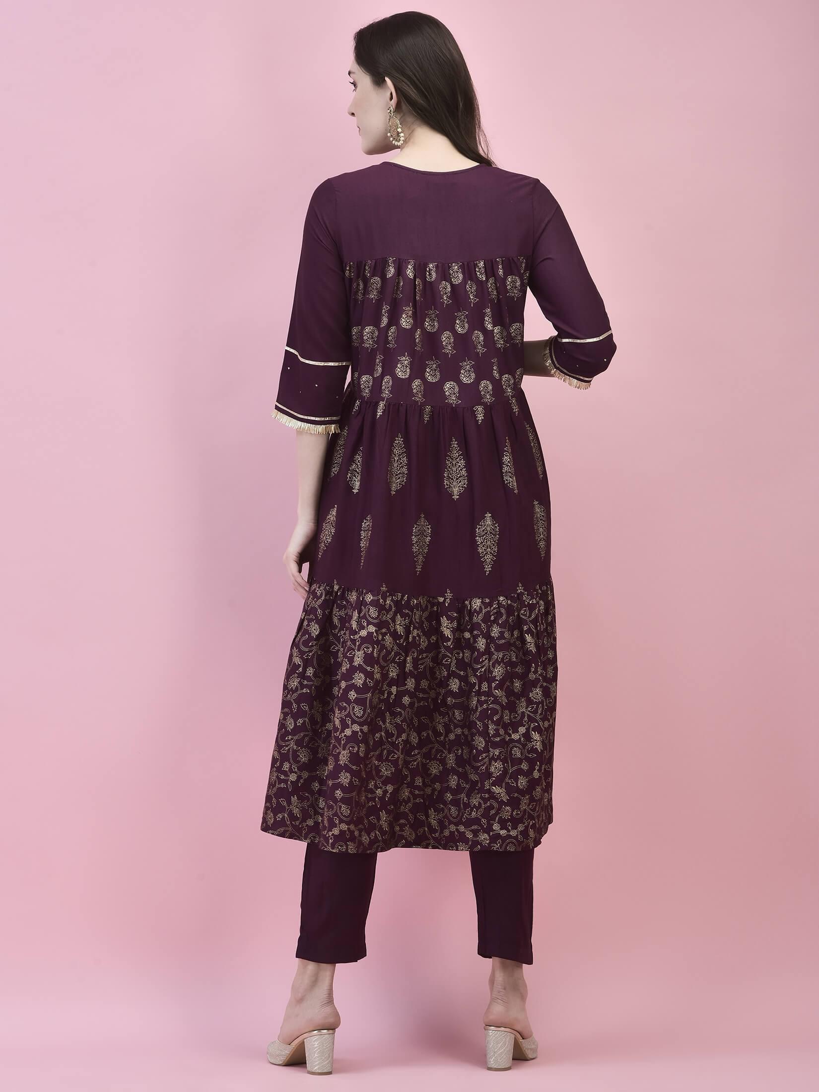 Women Poly Viscose Purple Printed Kurta With Trouser.