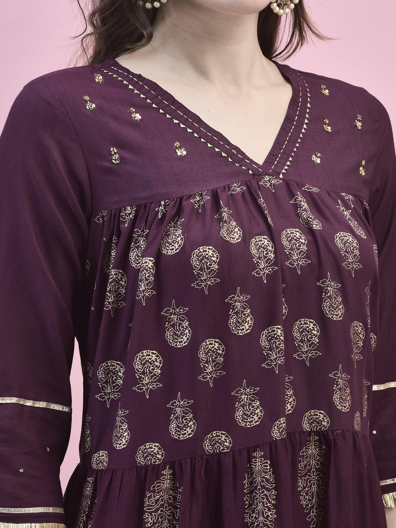 Women Poly Viscose Purple Printed Kurta With Trouser.