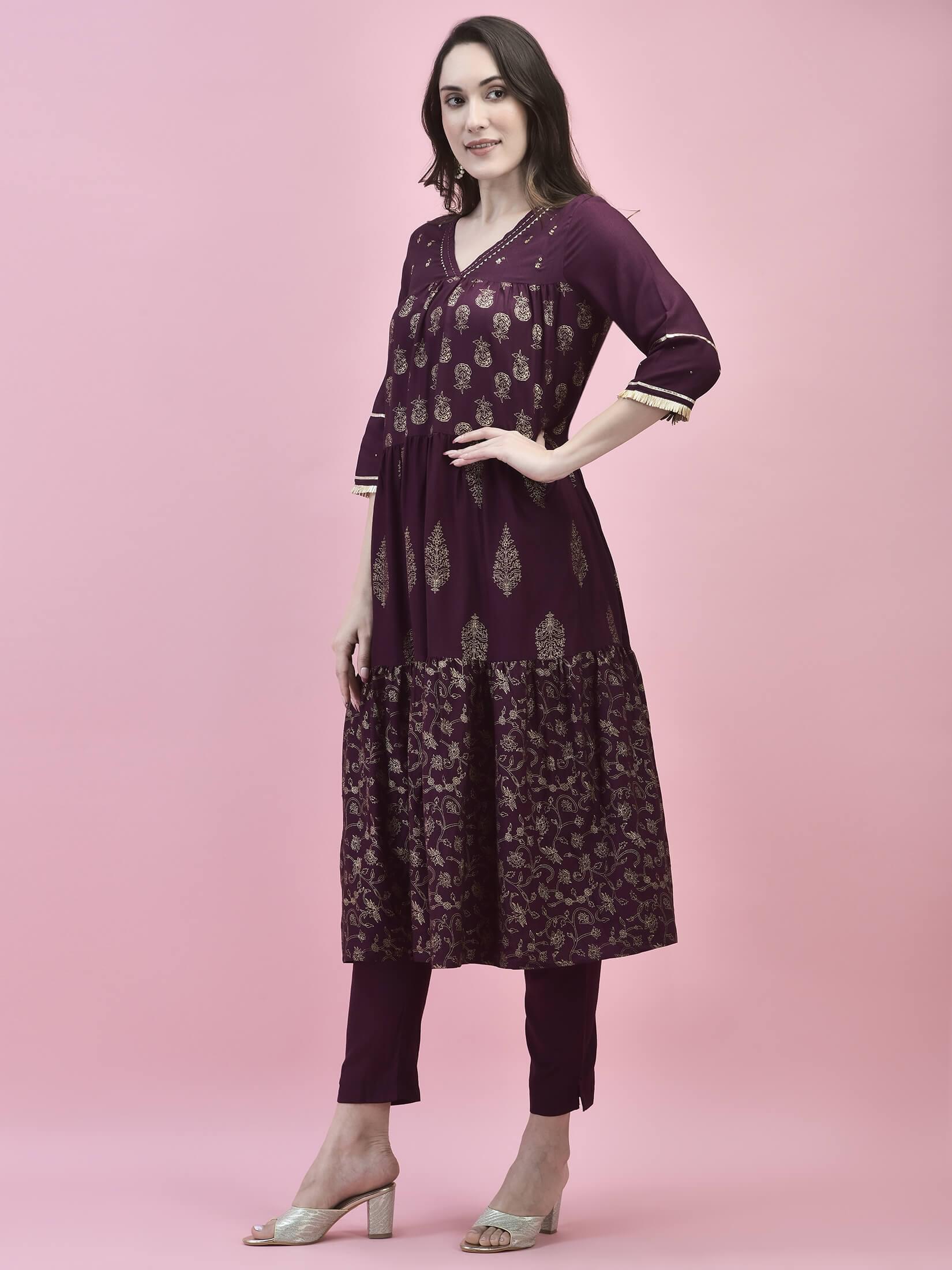 Women Poly Viscose Purple Printed Kurta With Trouser.
