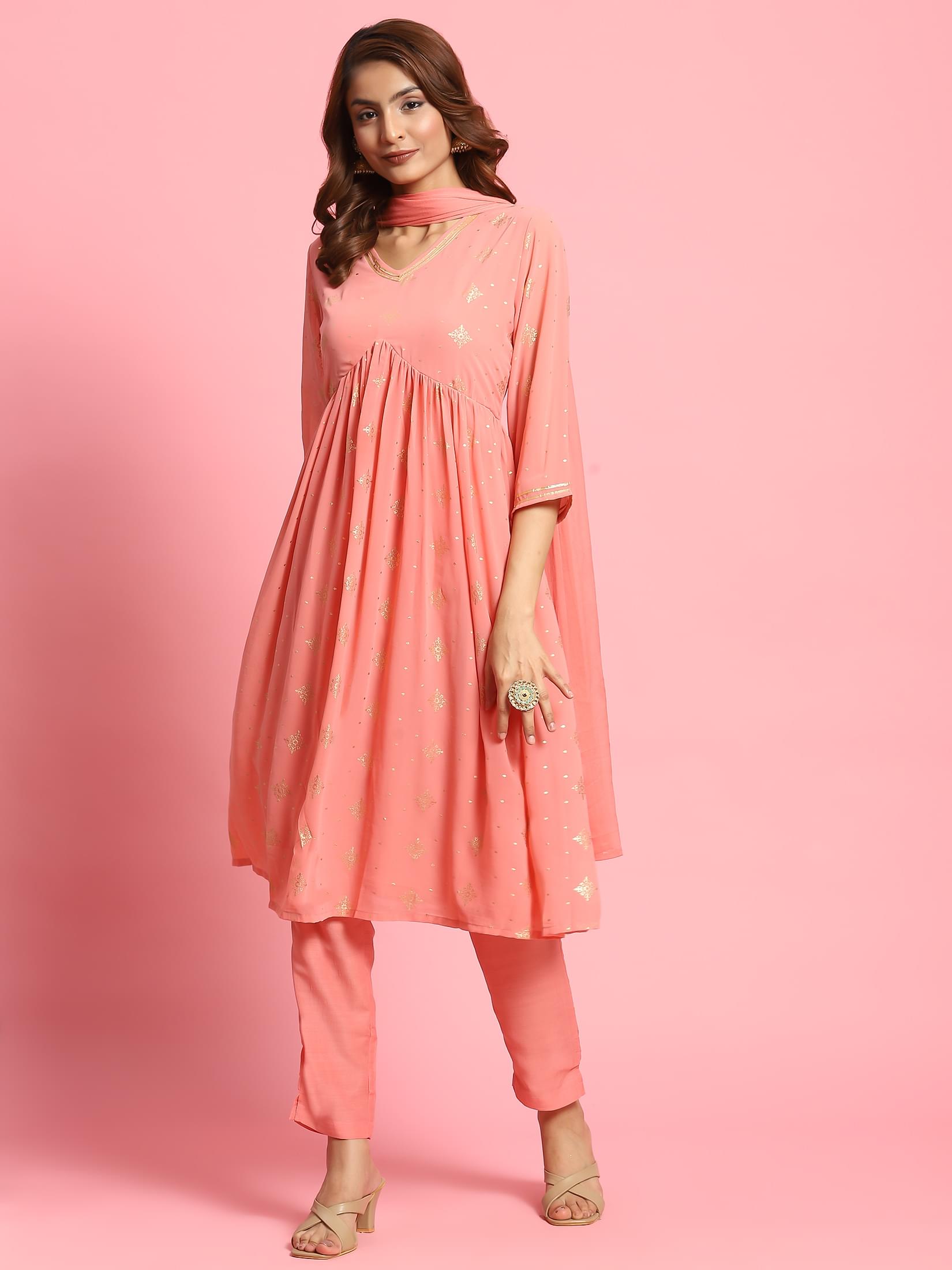 Women Peach Butti Printed Kurta Trouser Dupatta.