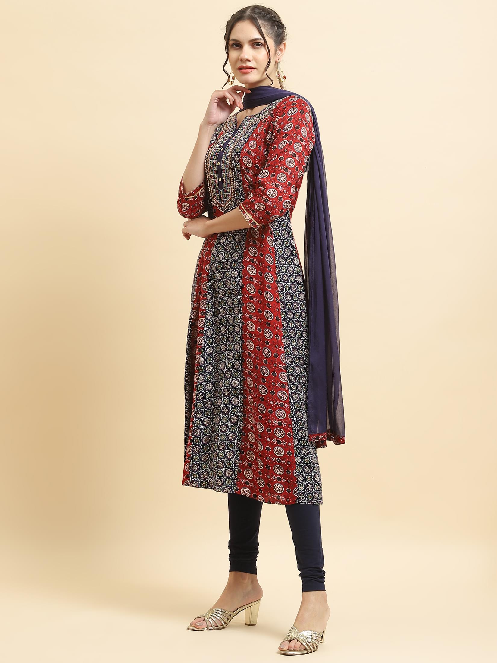 Women Liva Rayon Maroon Embroidered Dress With Dupatta.