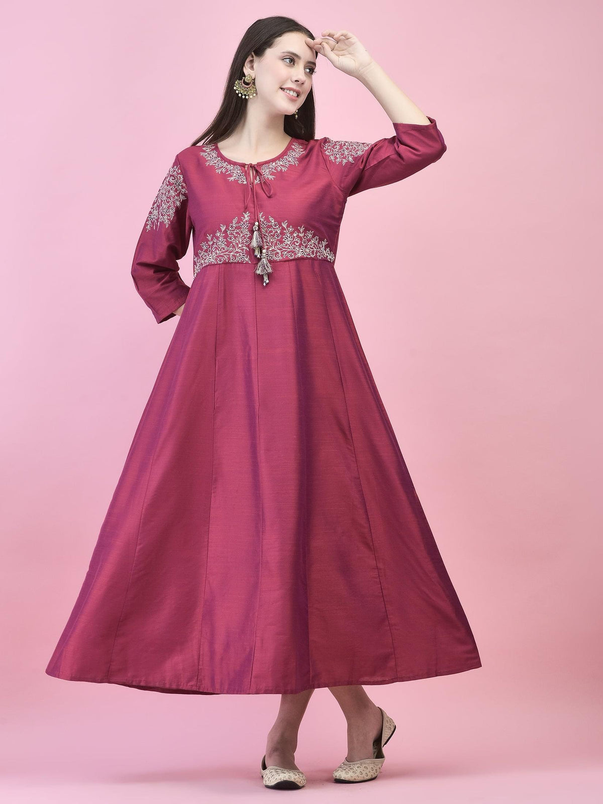 Women Silk Blend Burgundy Embroidered Dress With Dupatta.