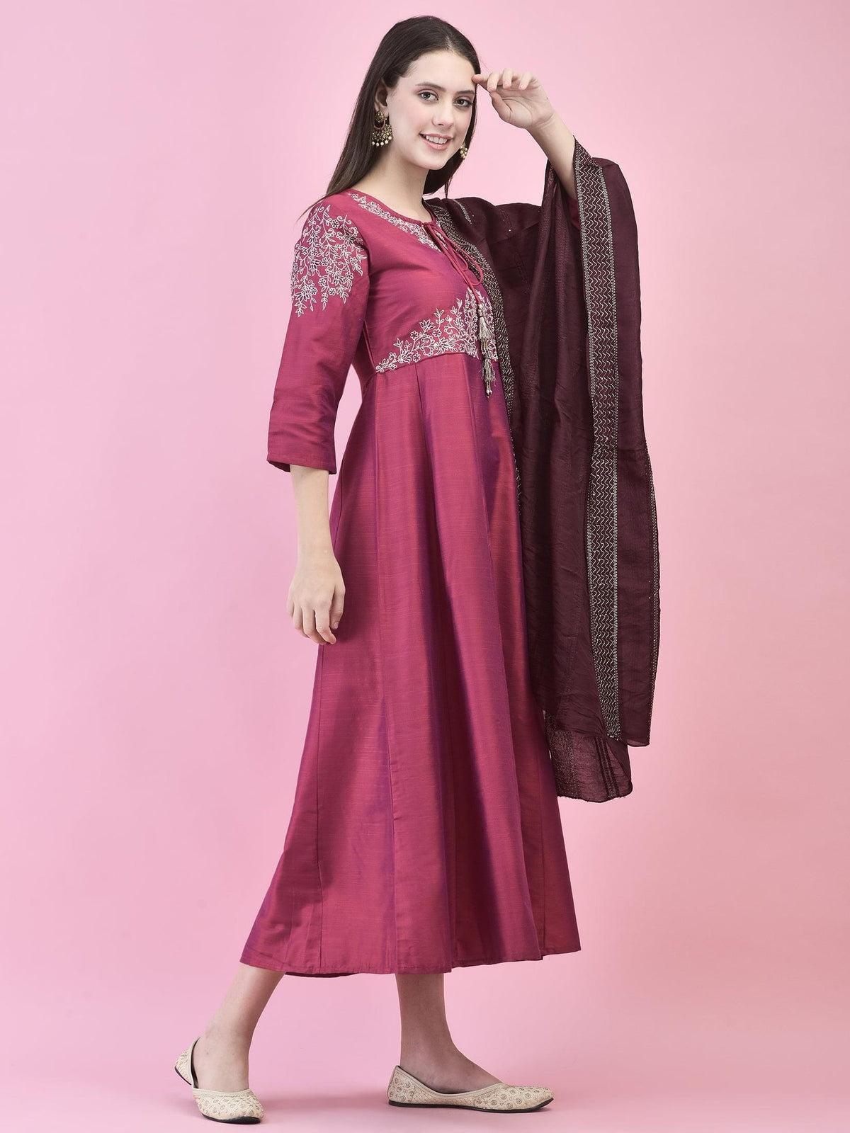 Women Silk Blend Burgundy Embroidered Dress With Dupatta.
