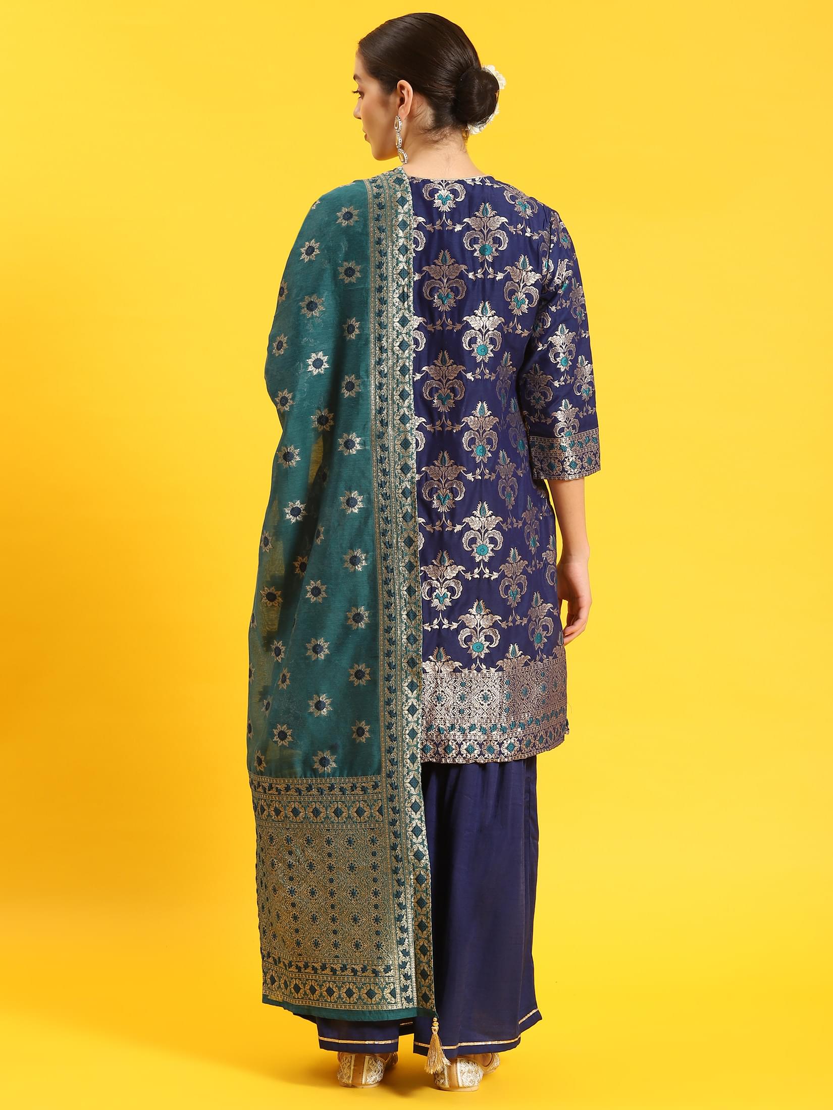 Women Blue Woven Print Kurti Sharara Dupatta.