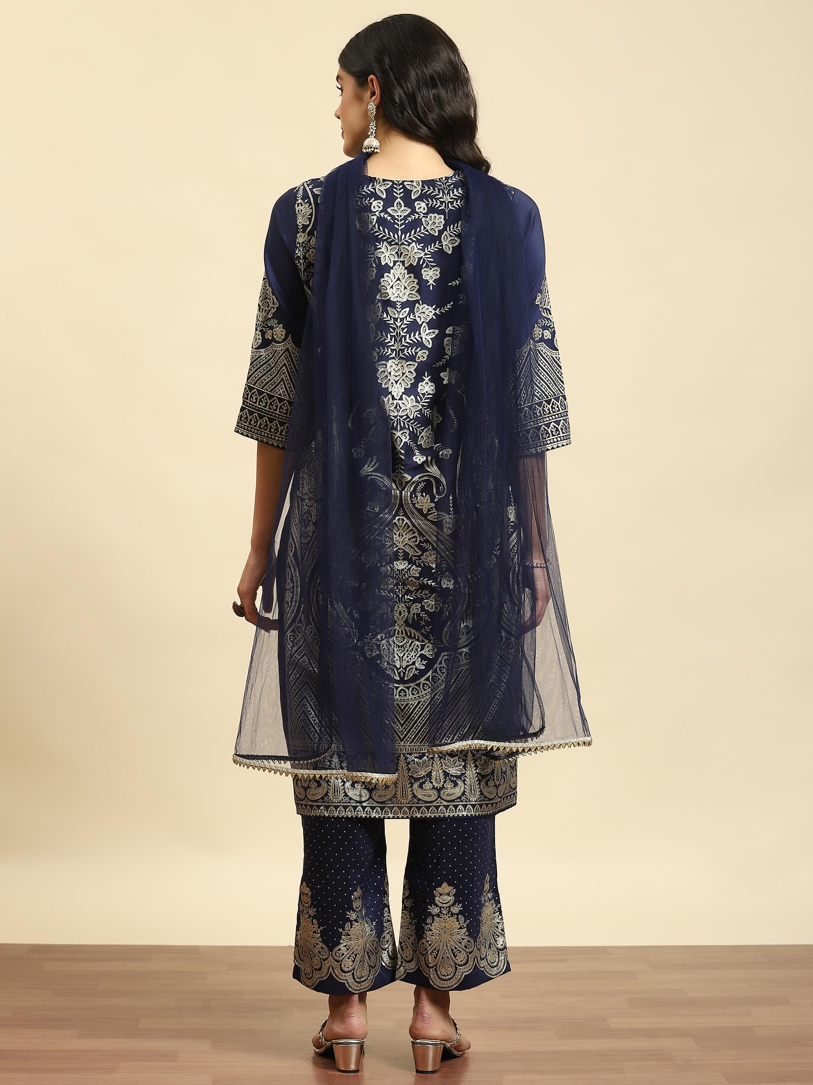 Women Navy Blue Ornamental Print Kurta Comfort Pant Dupatta.