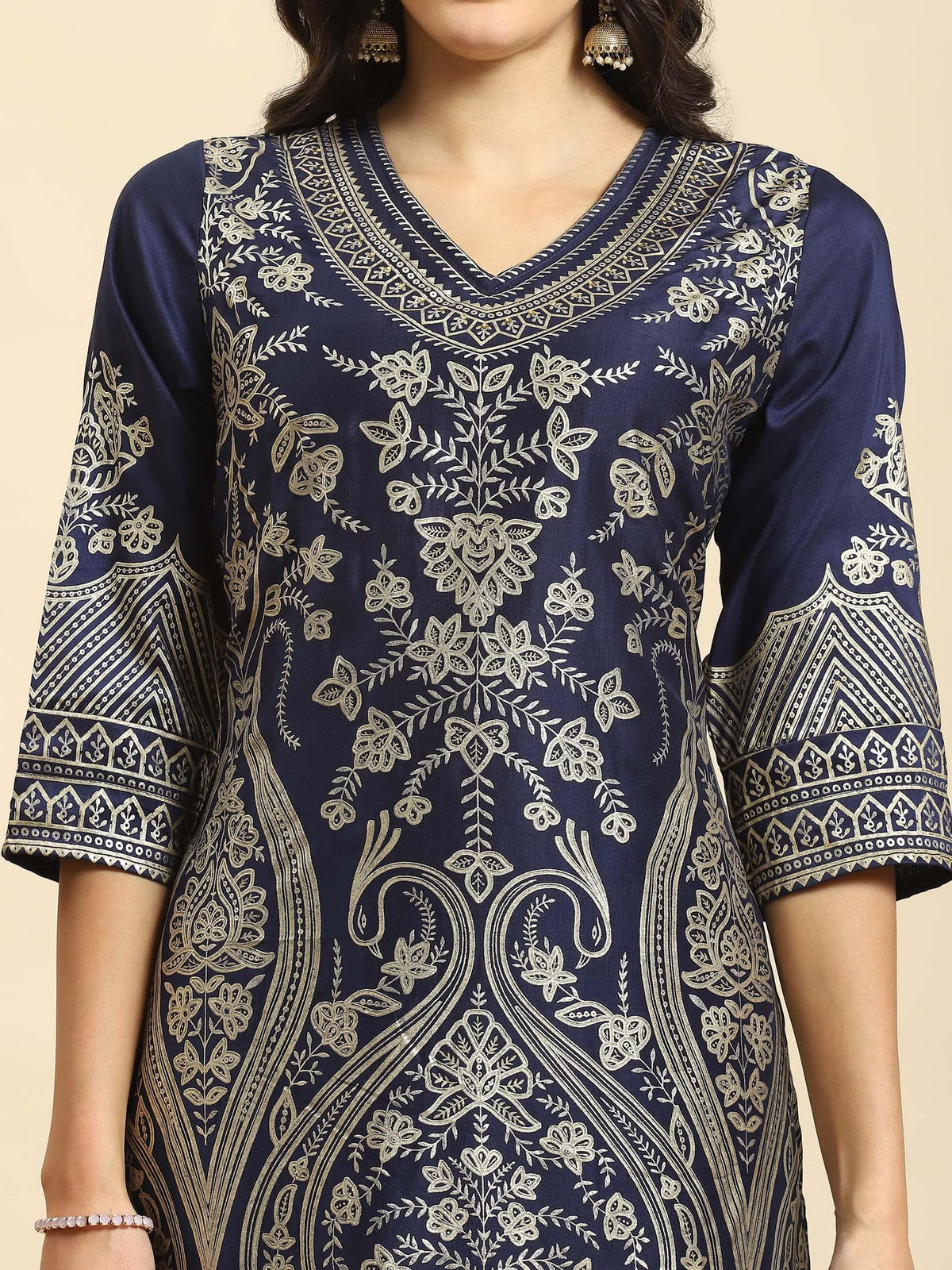 Women Navy Blue Ornamental Print Kurta Comfort Pant Dupatta.