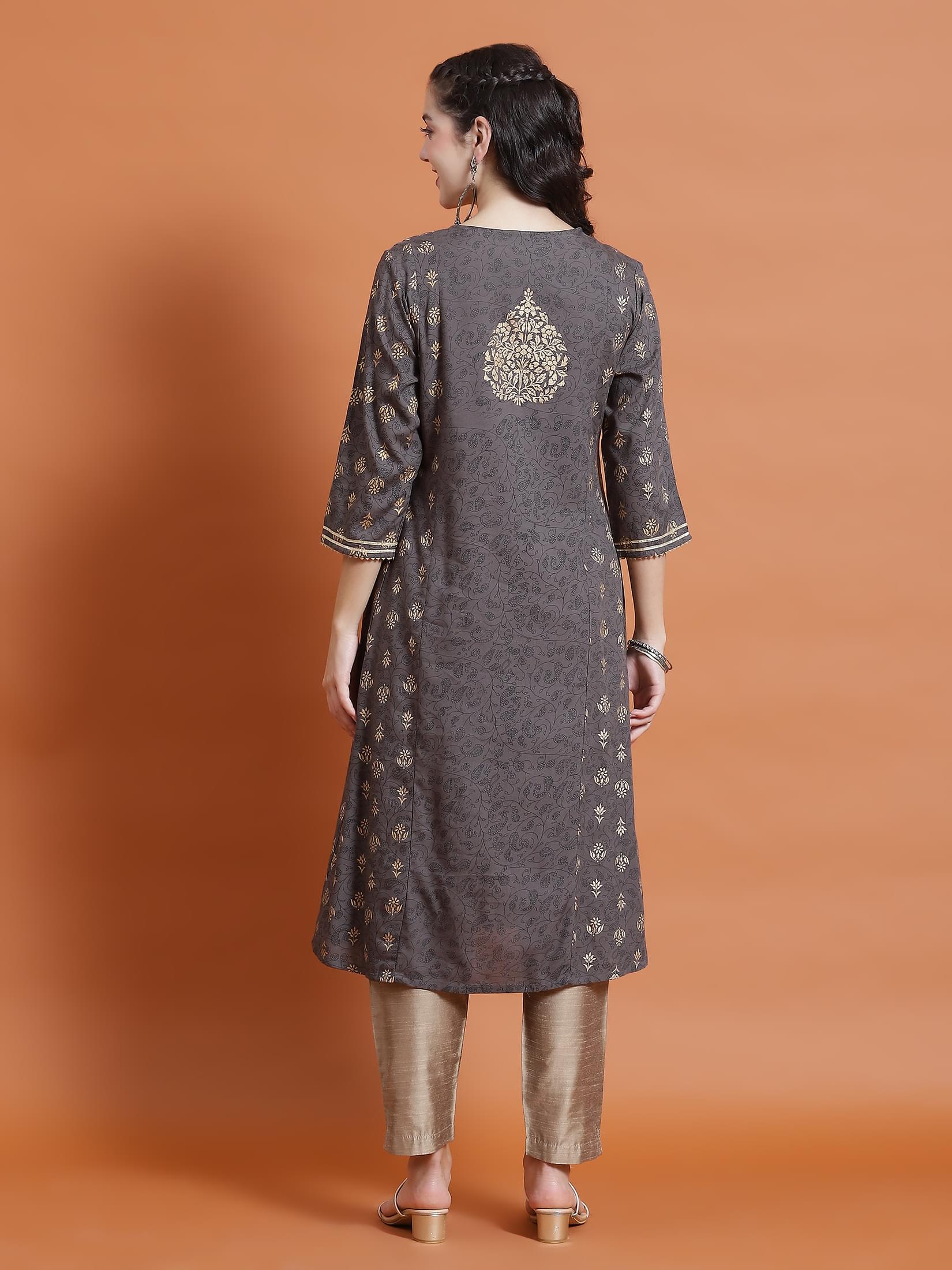 Women Grey Ornamental Print Kurta.