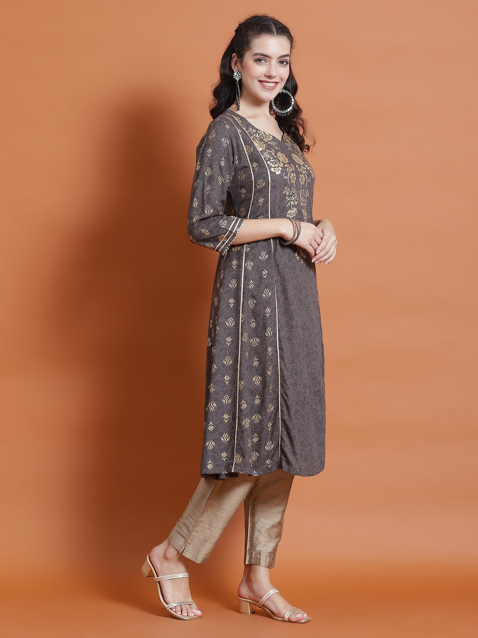 Women Grey Ornamental Print Kurta.