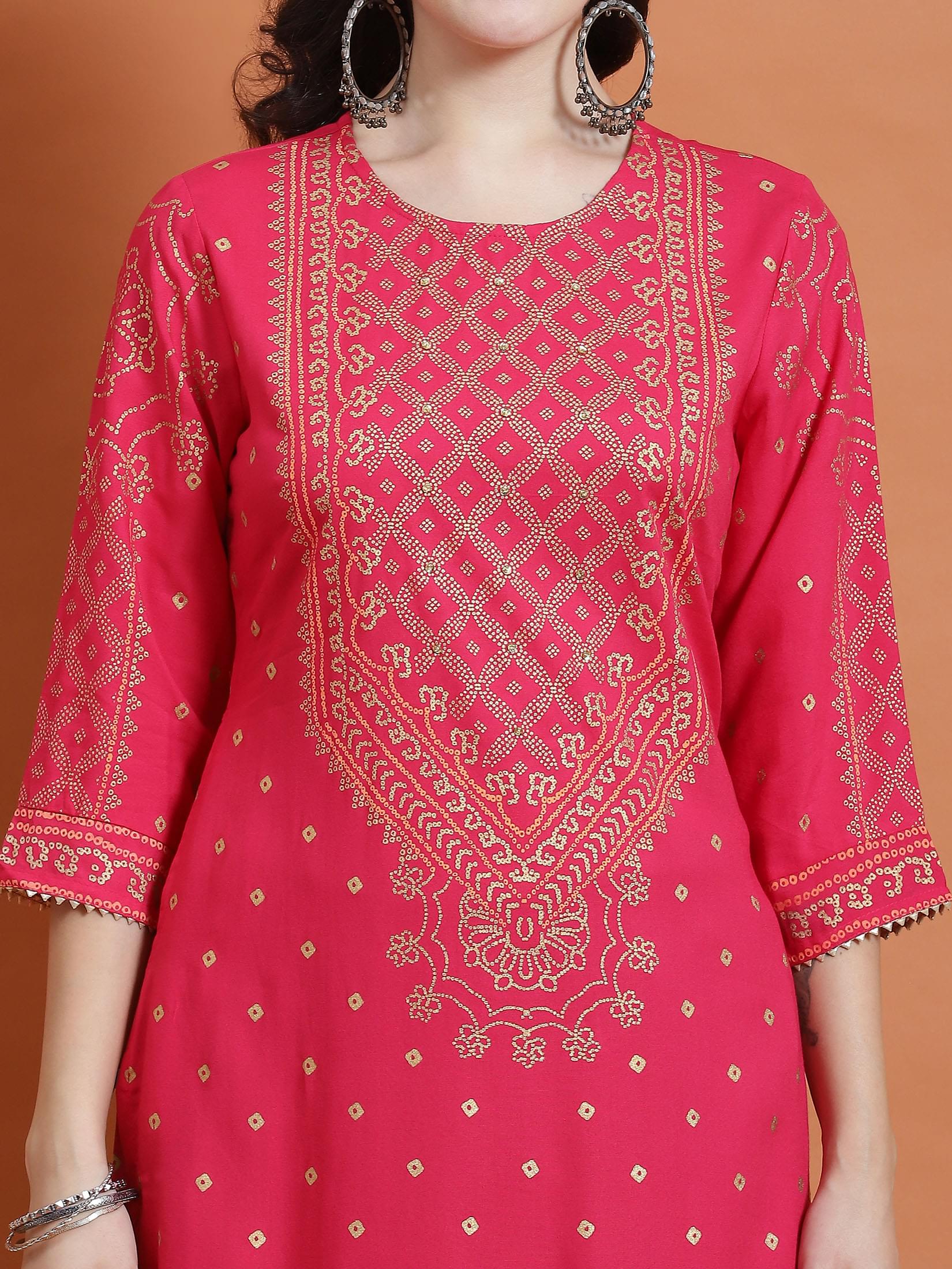 Women Fuchsia Ornamental Print Kurta.