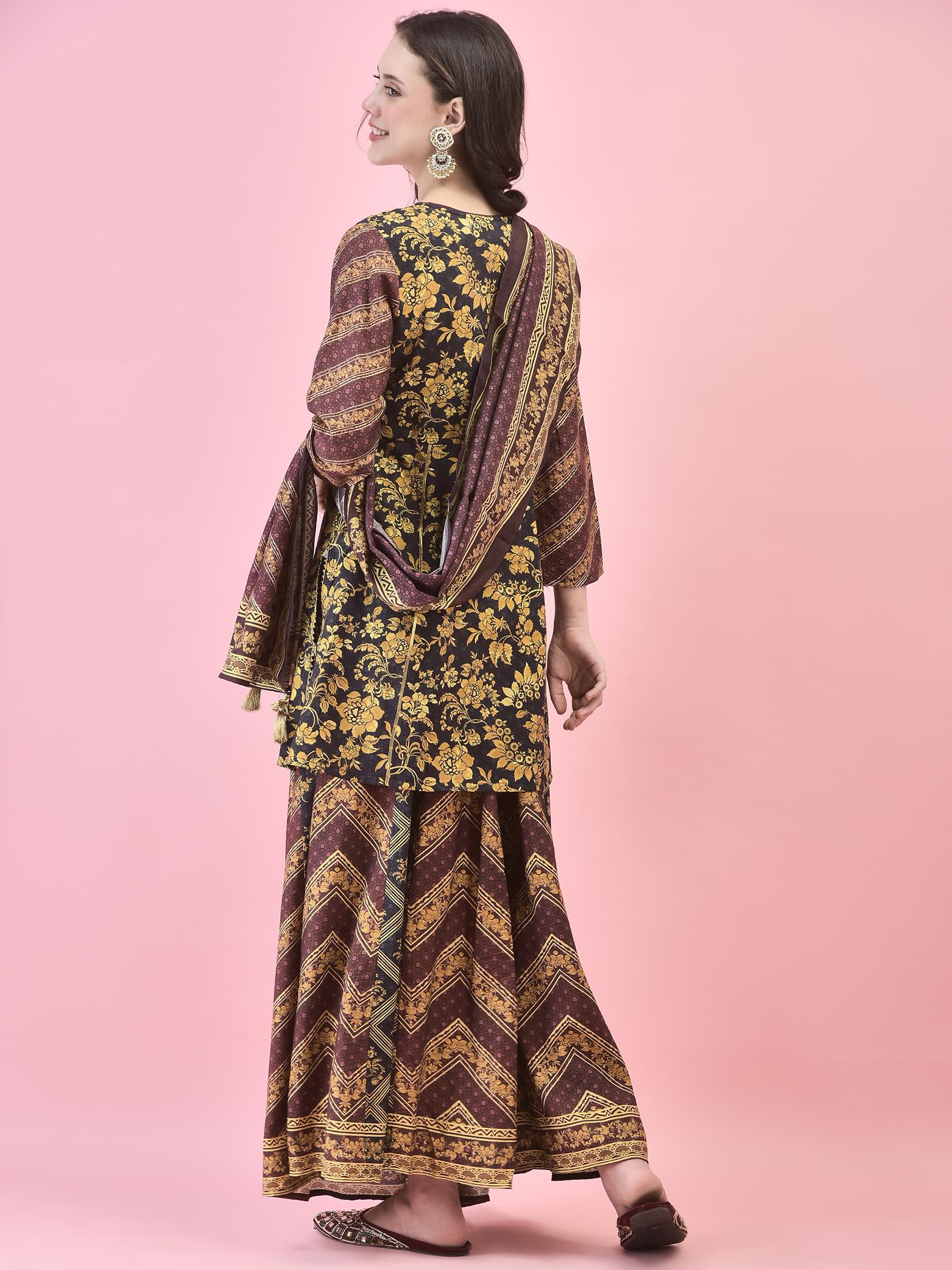 Women Chanderi Black Floral Print Kurti Skirt Dupatta.