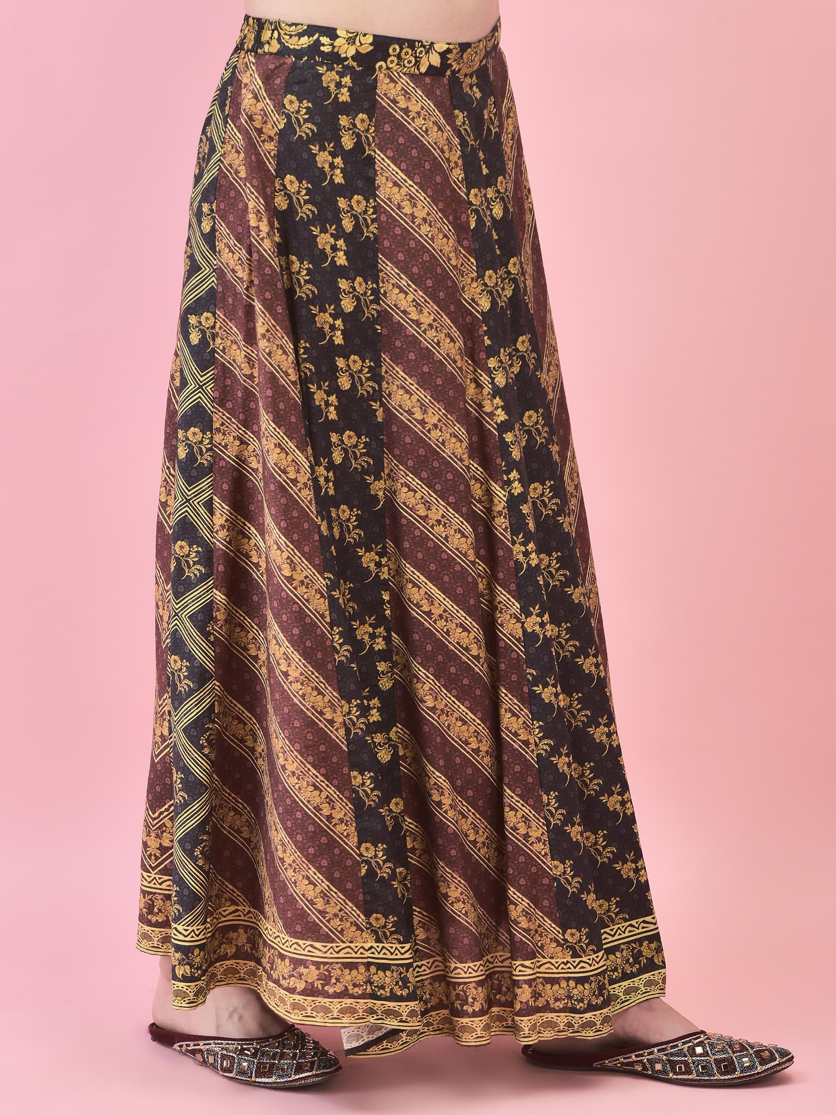 Women Chanderi Black Floral Print Kurti Skirt Dupatta.