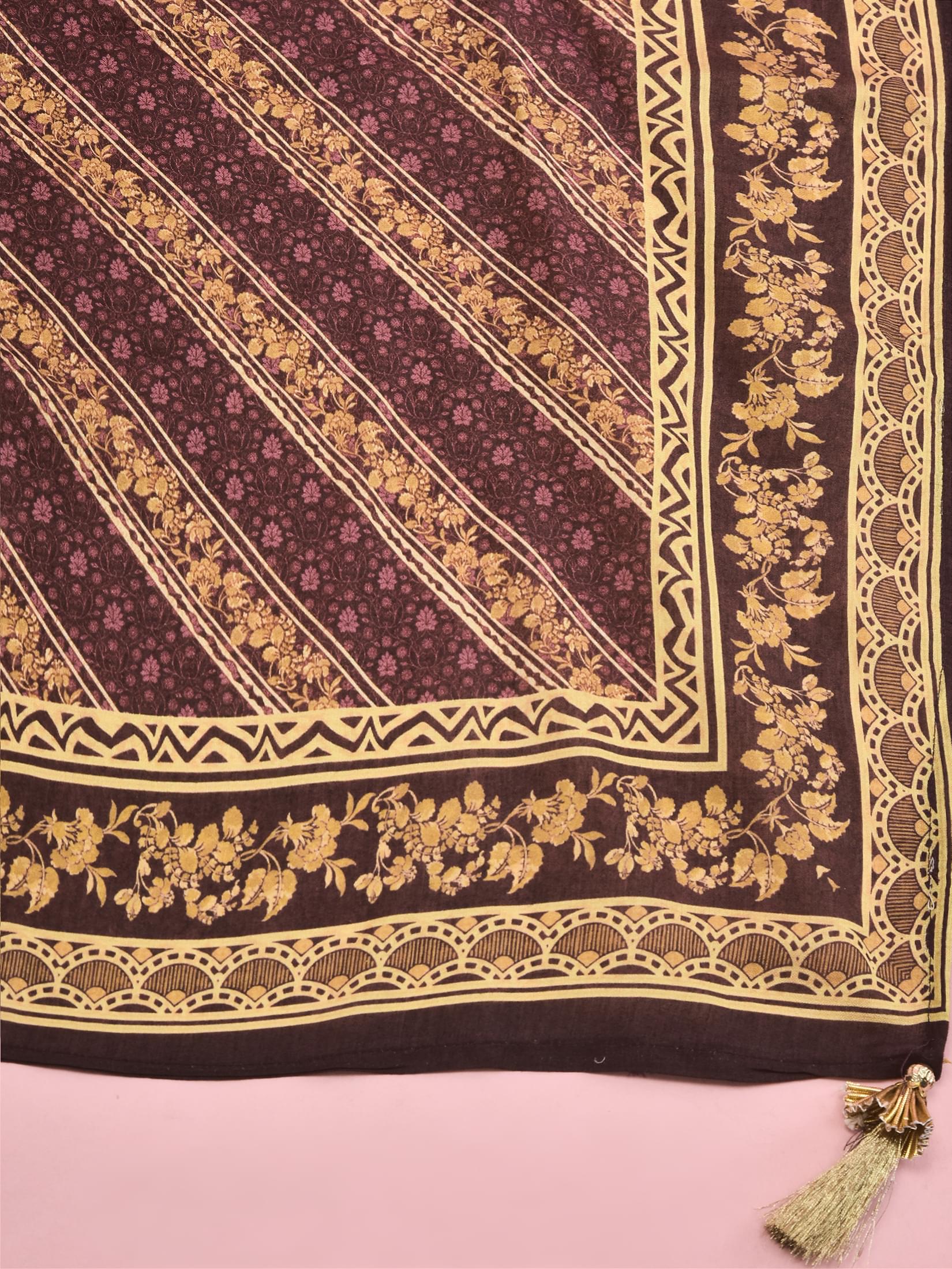 Women Chanderi Black Floral Print Kurti Skirt Dupatta.