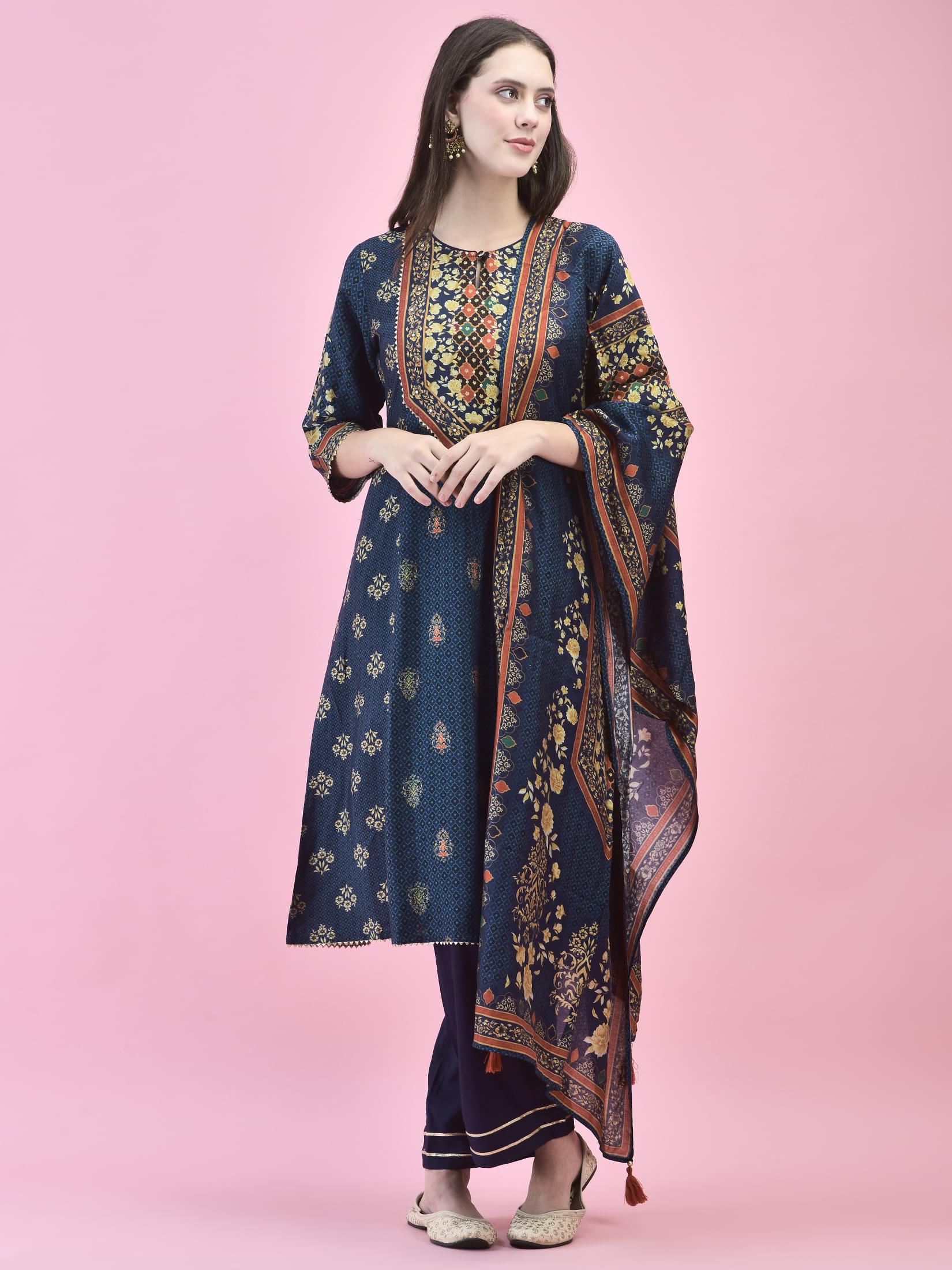 Women Poly Viscose Blue Floral Print Kurta Trouser Dupatta.