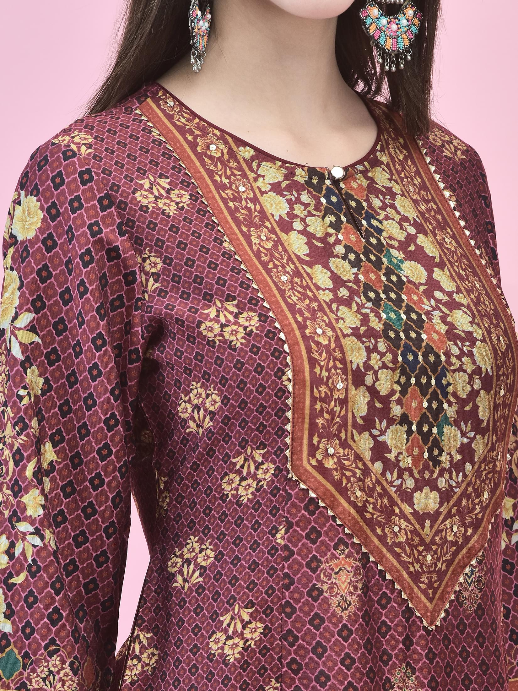 Women Poly Viscose Purple Floral Print Kurta Trouser Dupatta.