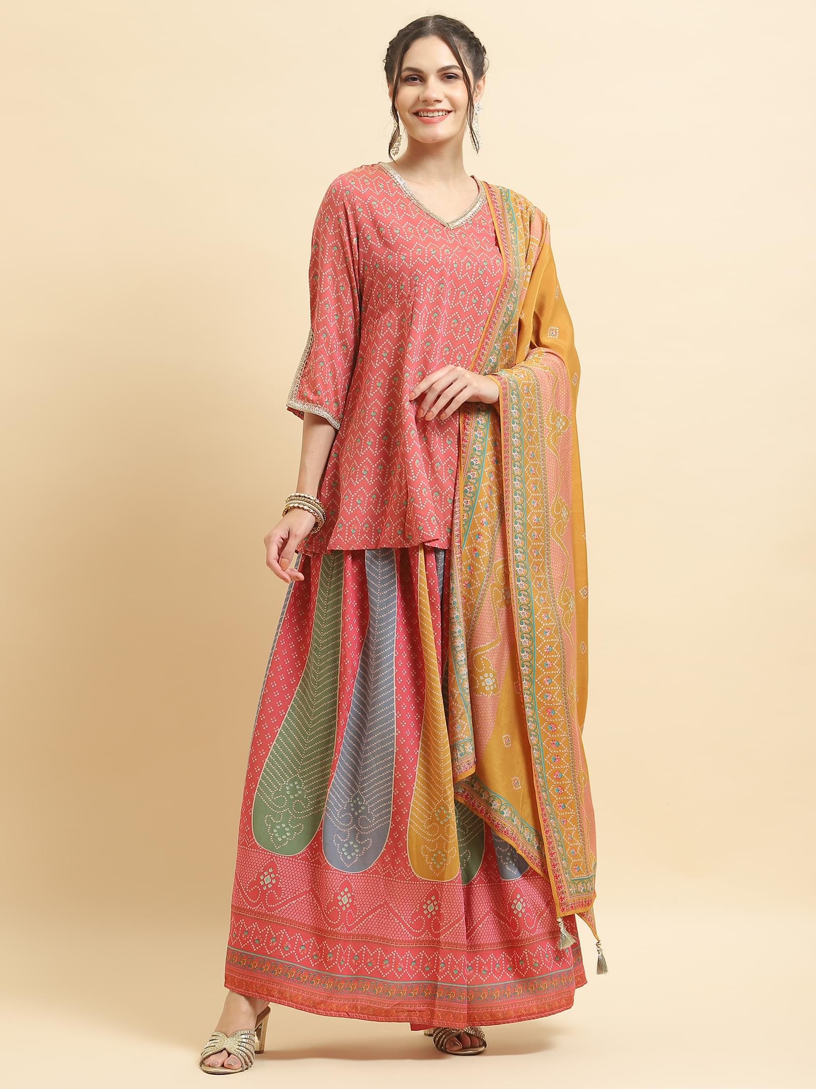 Women Muslin Pink Geometric Print Kurti Skirt Dupatta.