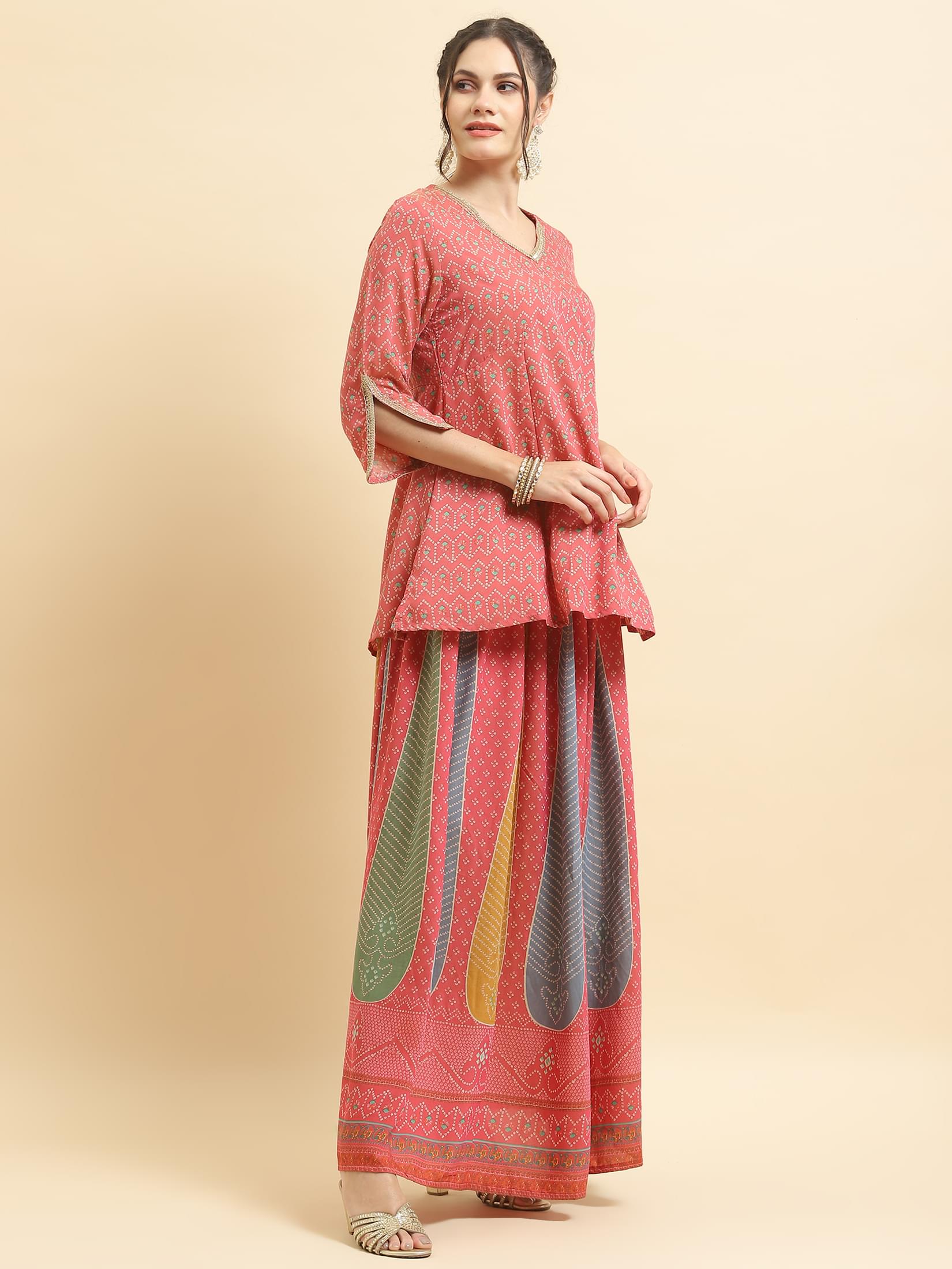 Women Muslin Pink Geometric Print Kurti Skirt Dupatta.