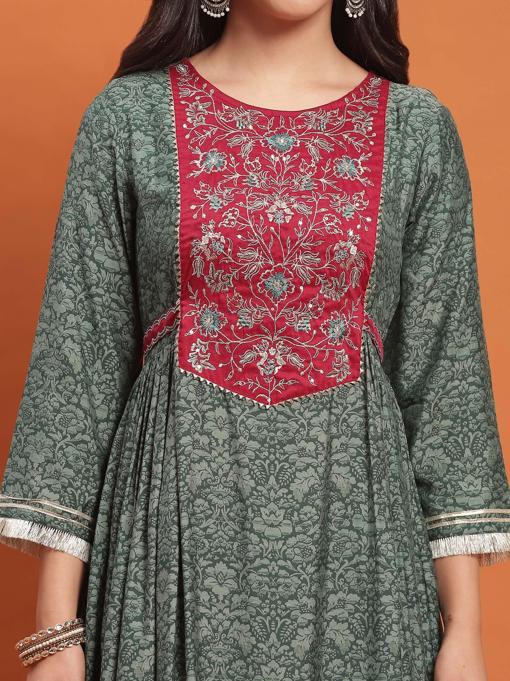 Women Green Embroidered Dress With Dupatta.