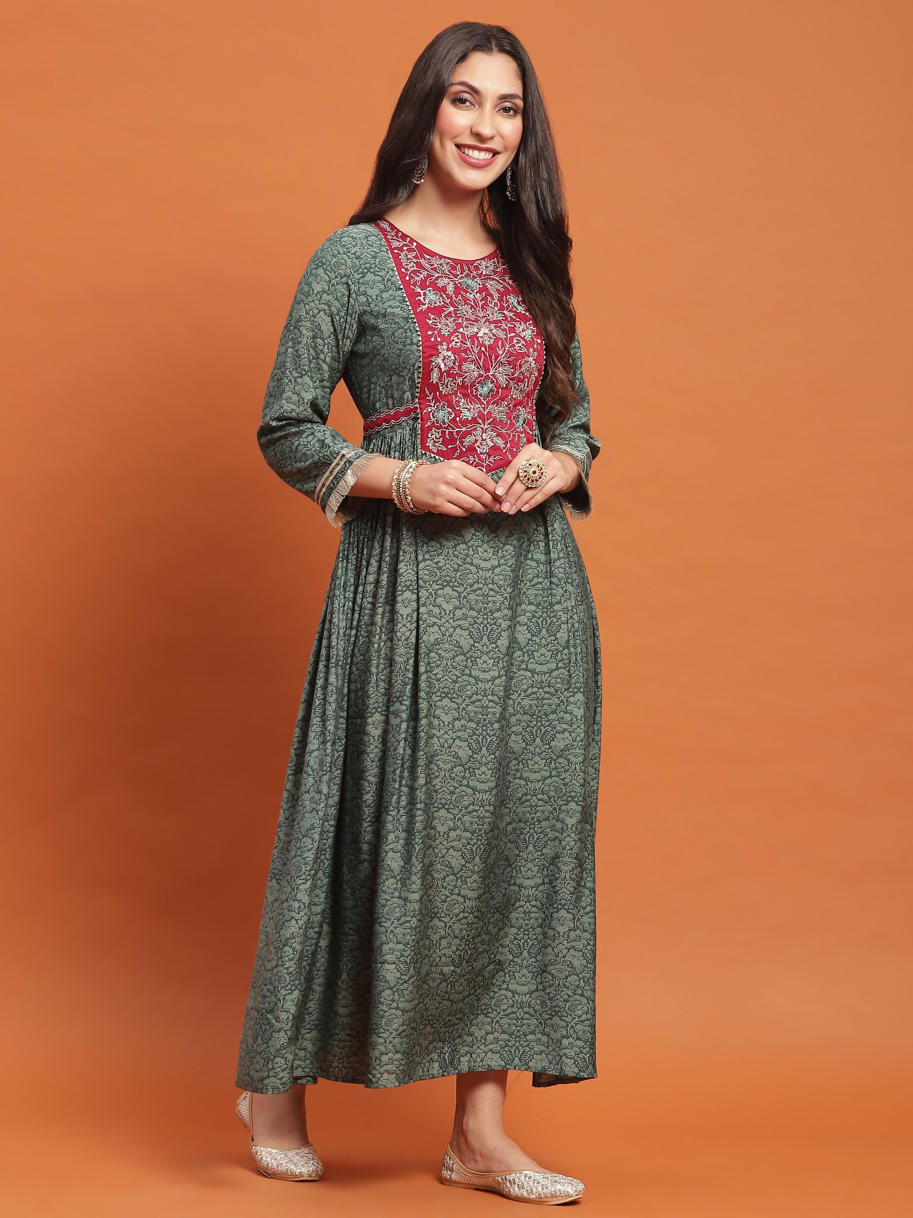 Women Green Embroidered Dress With Dupatta.
