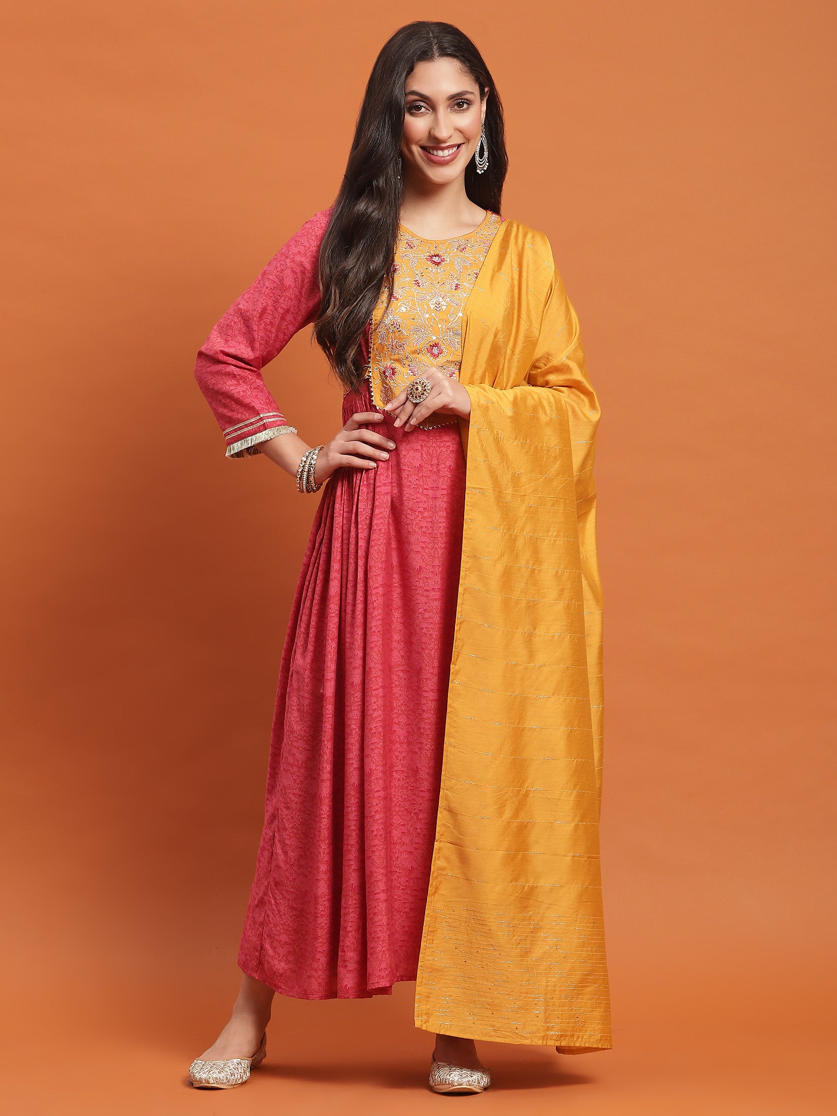 Fuchsia Pink Dress with Dupatta, Ethnic Wear at SHREE