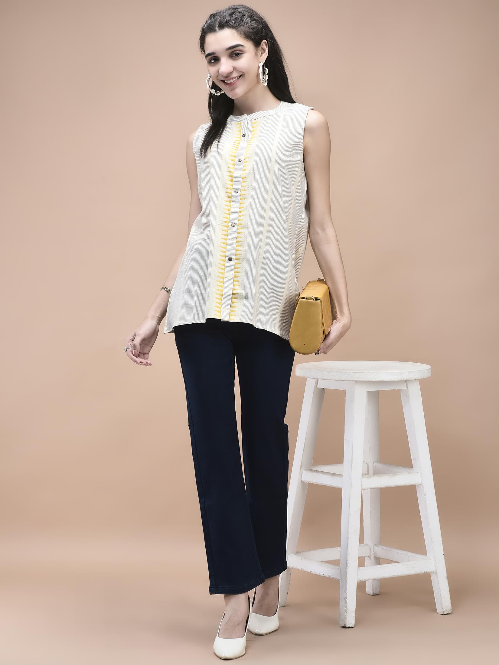 Women Cotton Off White Yarn Dyed Tunic.