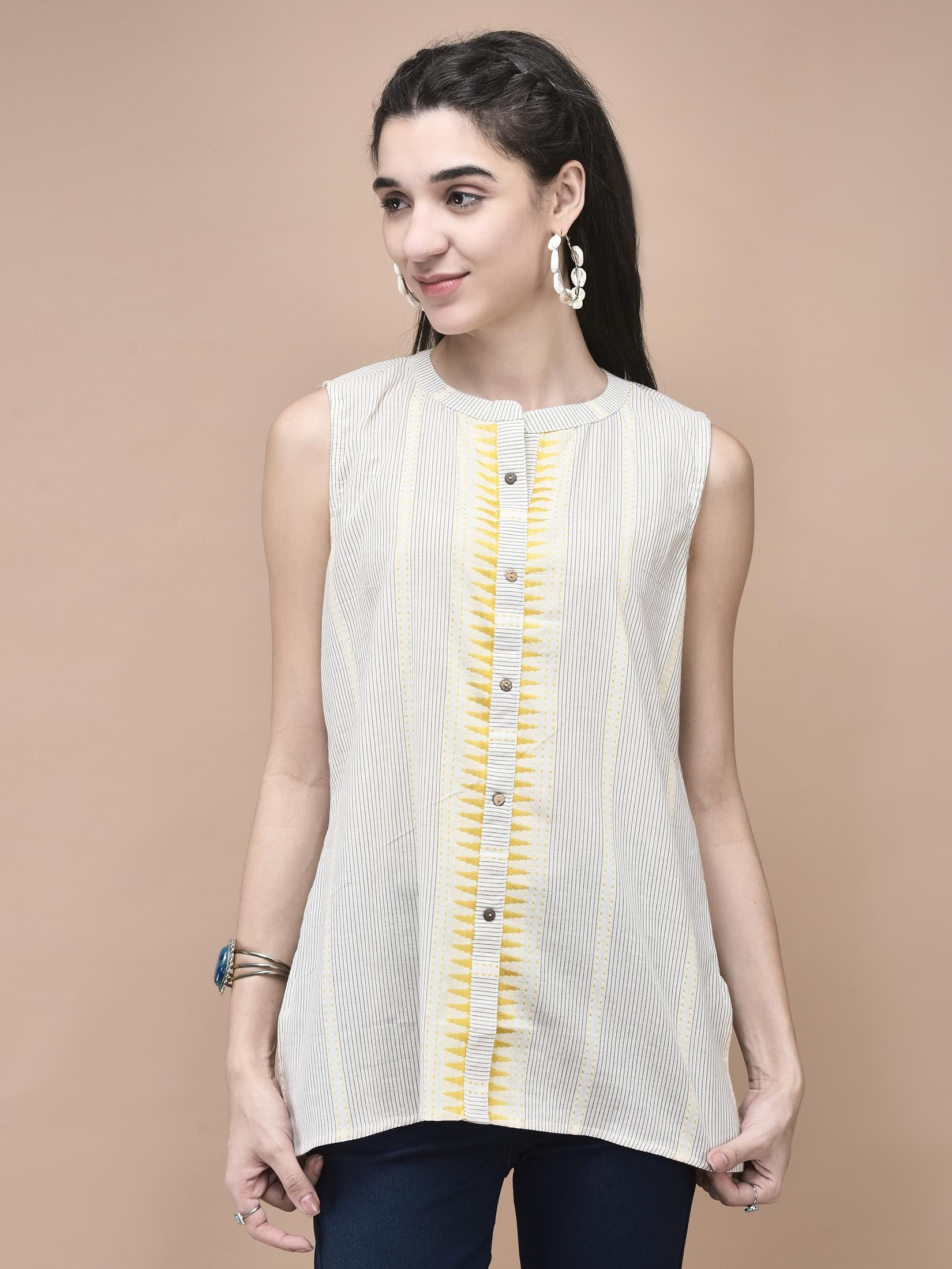 Women Cotton Off White Yarn Dyed Tunic.