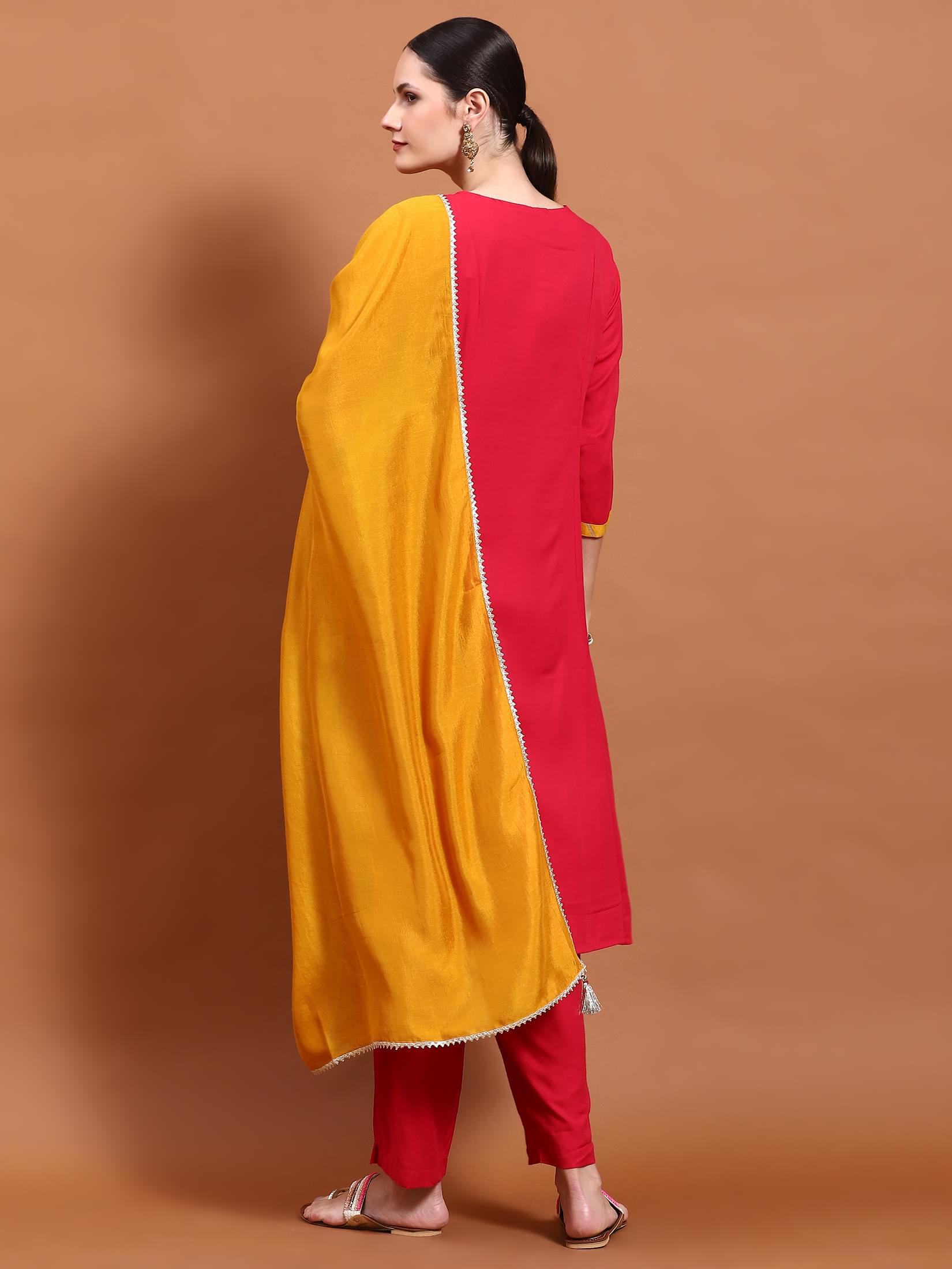 Women Fuchsia Embroidered Kurta Trouser Dupatta.
