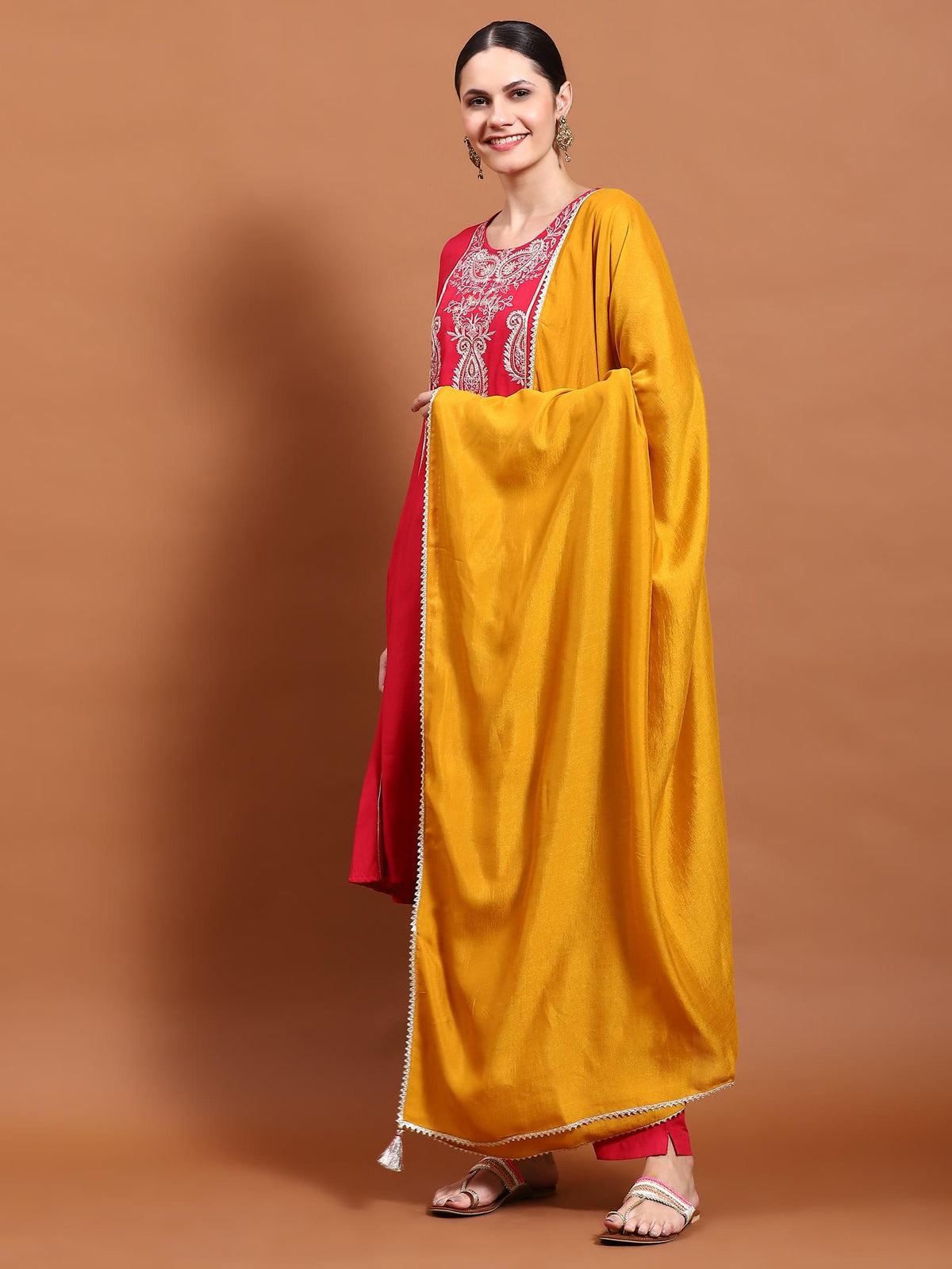 Women Fuchsia Embroidered Kurta Trouser Dupatta.