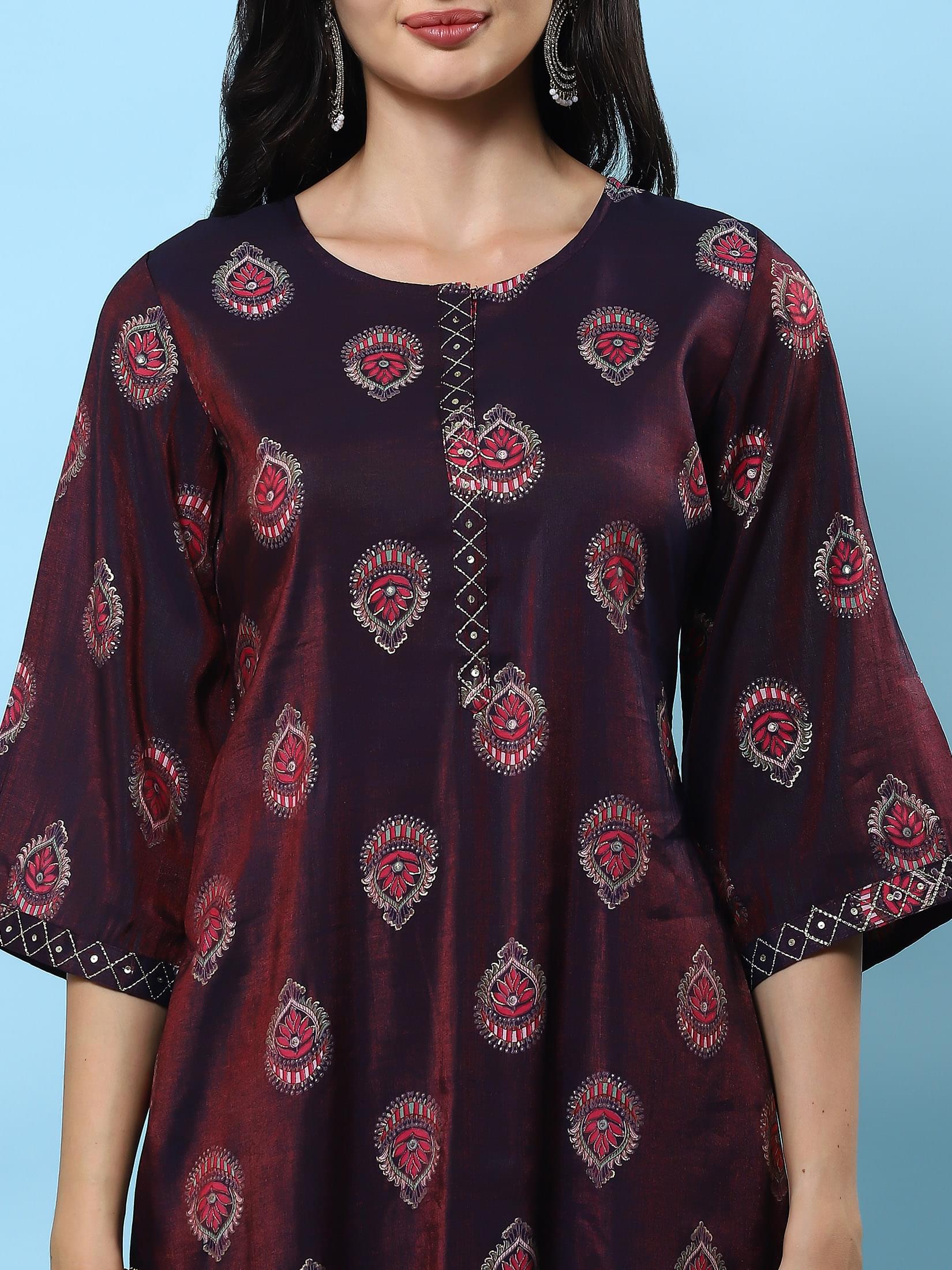 Women Purple Ornamental Printed Kurta.