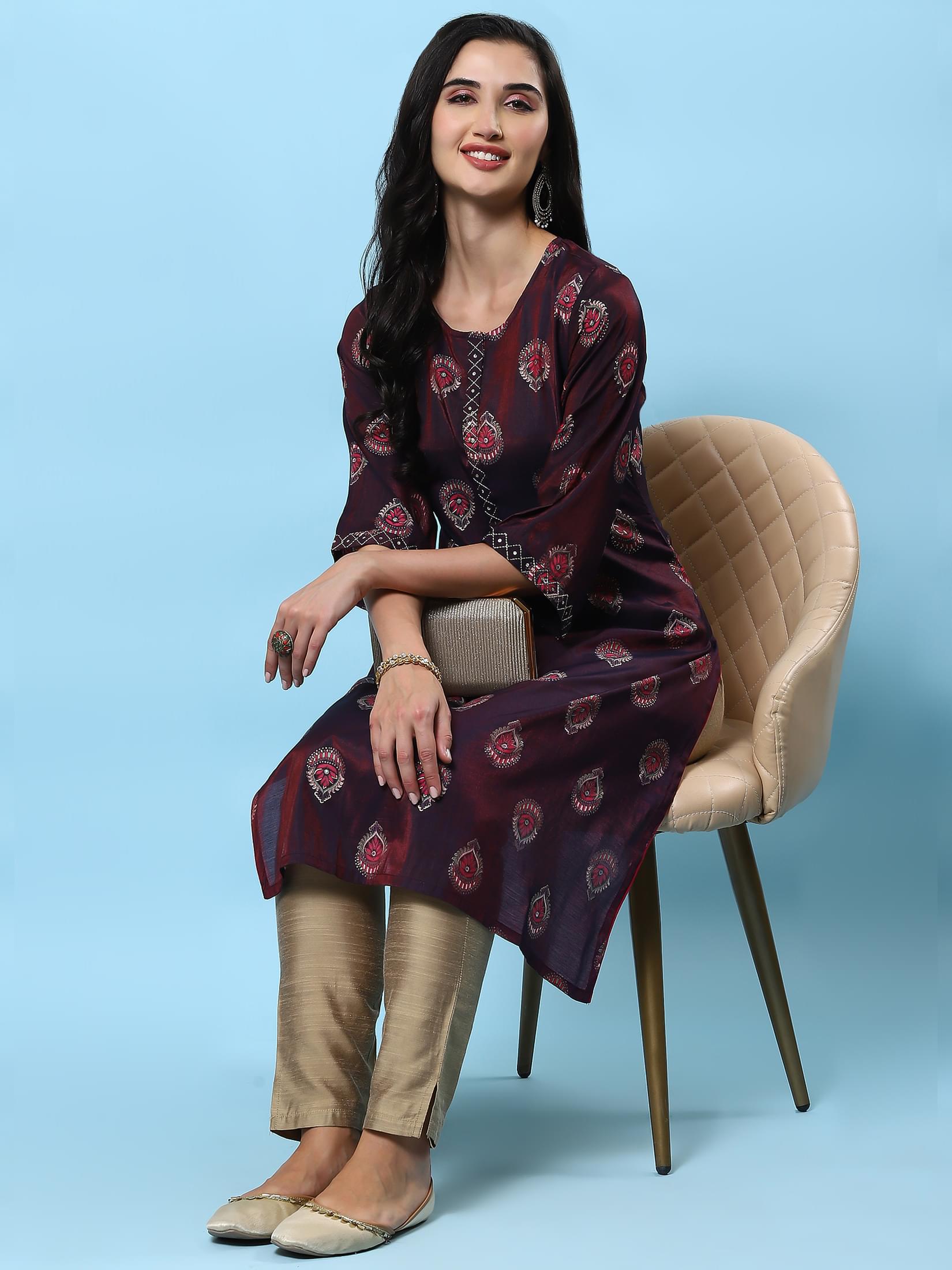 Women Purple Ornamental Printed Kurta.