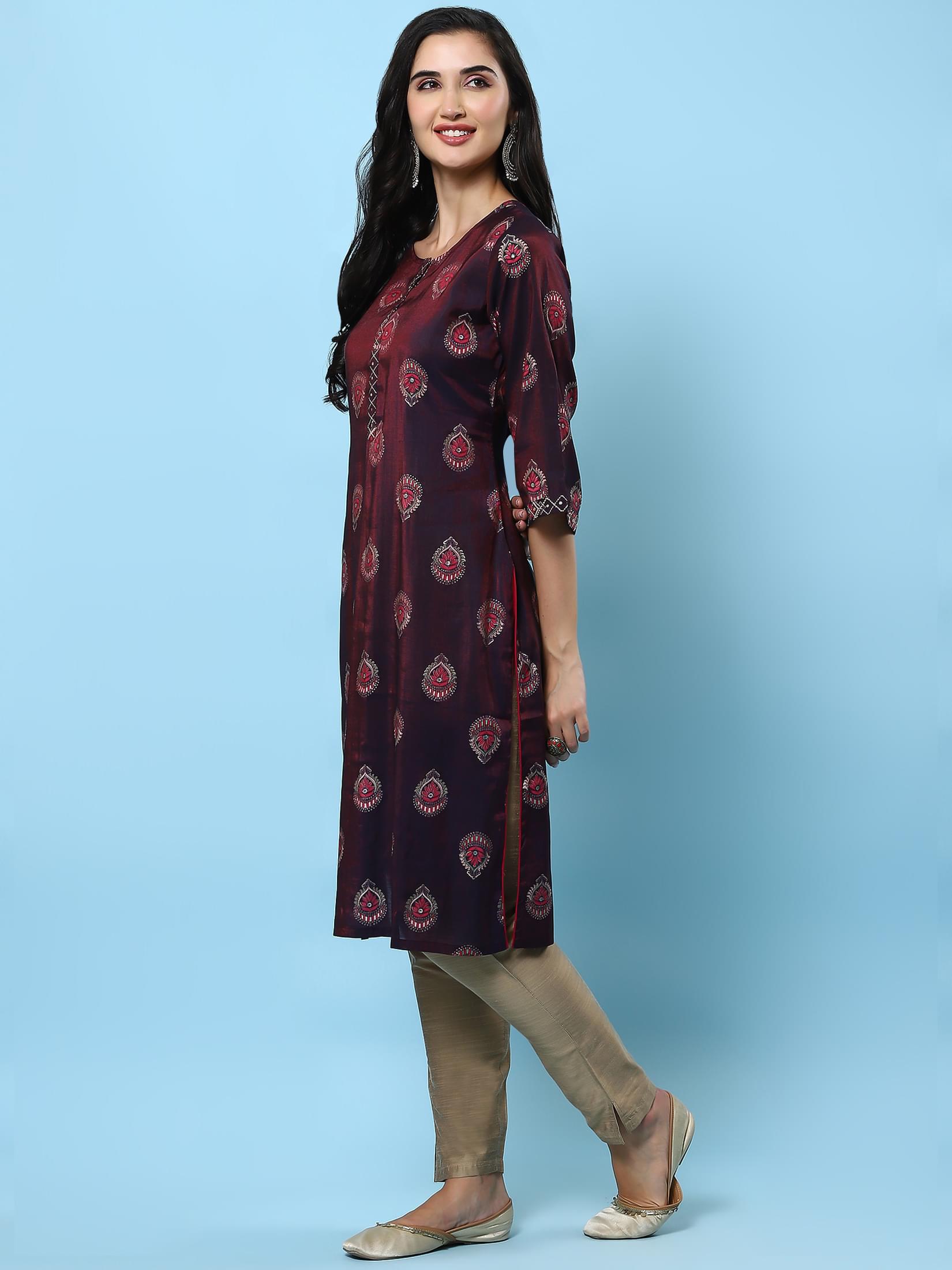 Women Purple Ornamental Printed Kurta.