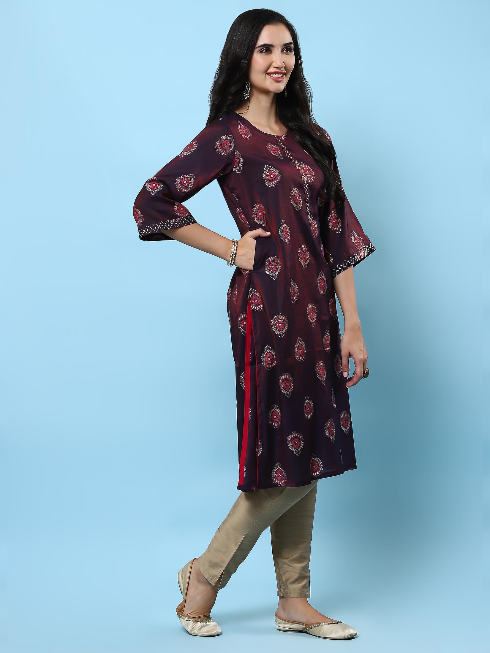 Women Purple Ornamental Printed Kurta.