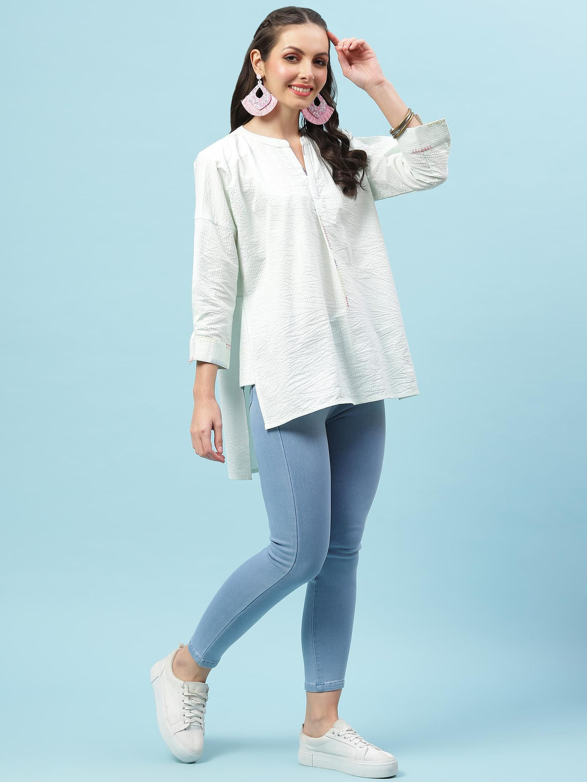 Women Green Solid Boxy Tunic.